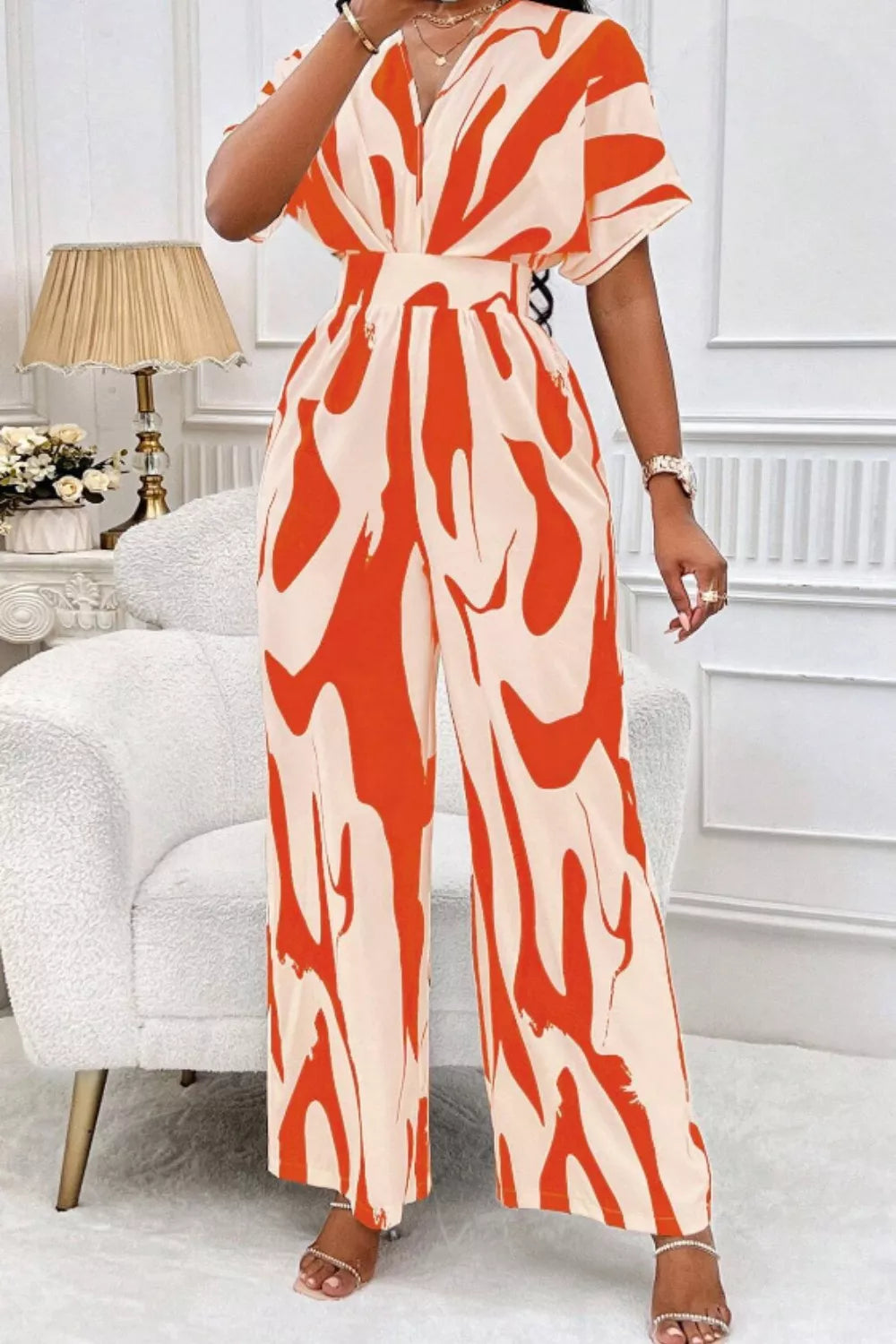 Printed V-Neck Short Sleeve Wide Leg Jumpsuit - URBANPICK FASHION
