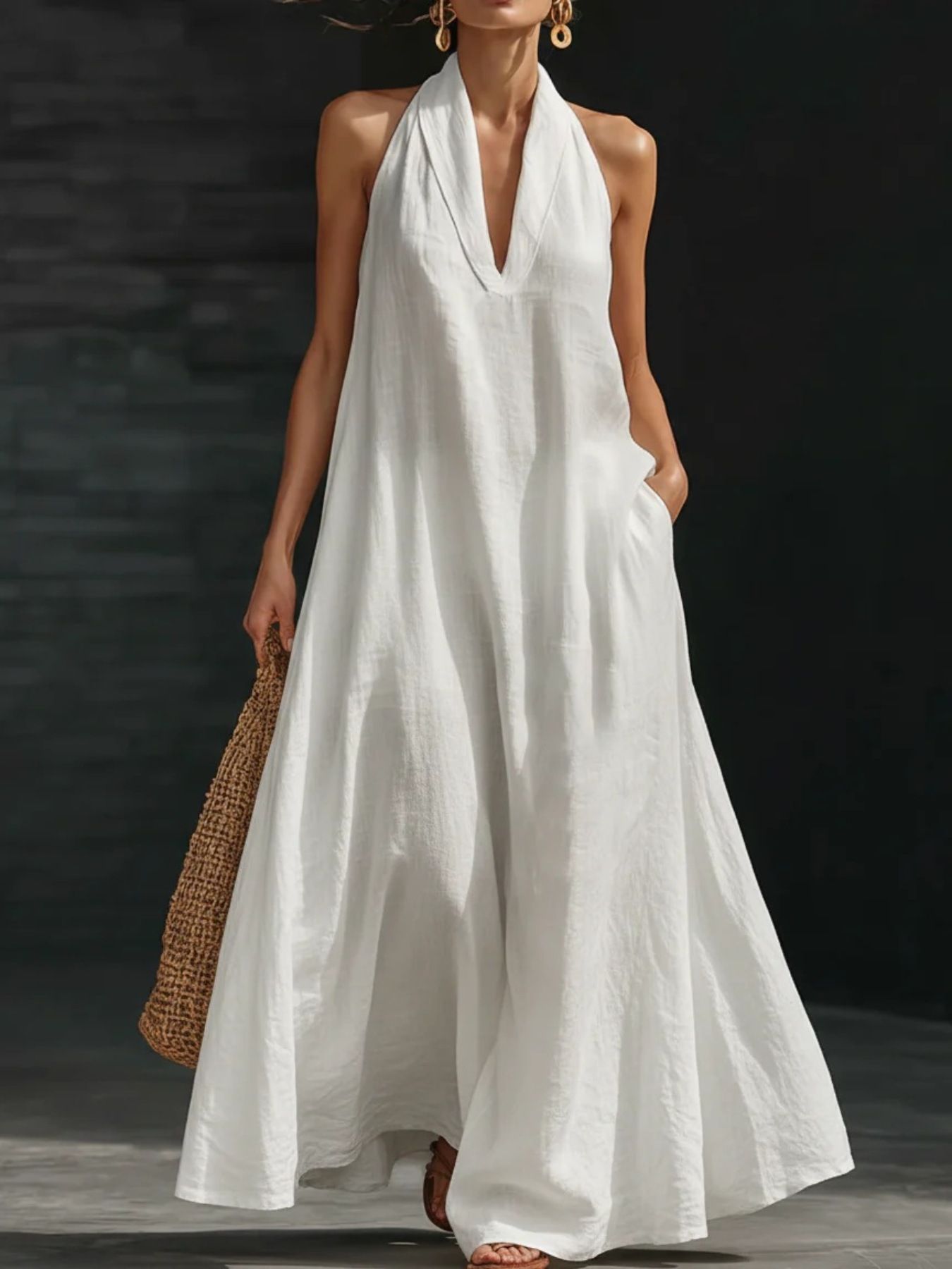 Halter Neck Maxi Dress with Pockets - URBANPICK FASHION