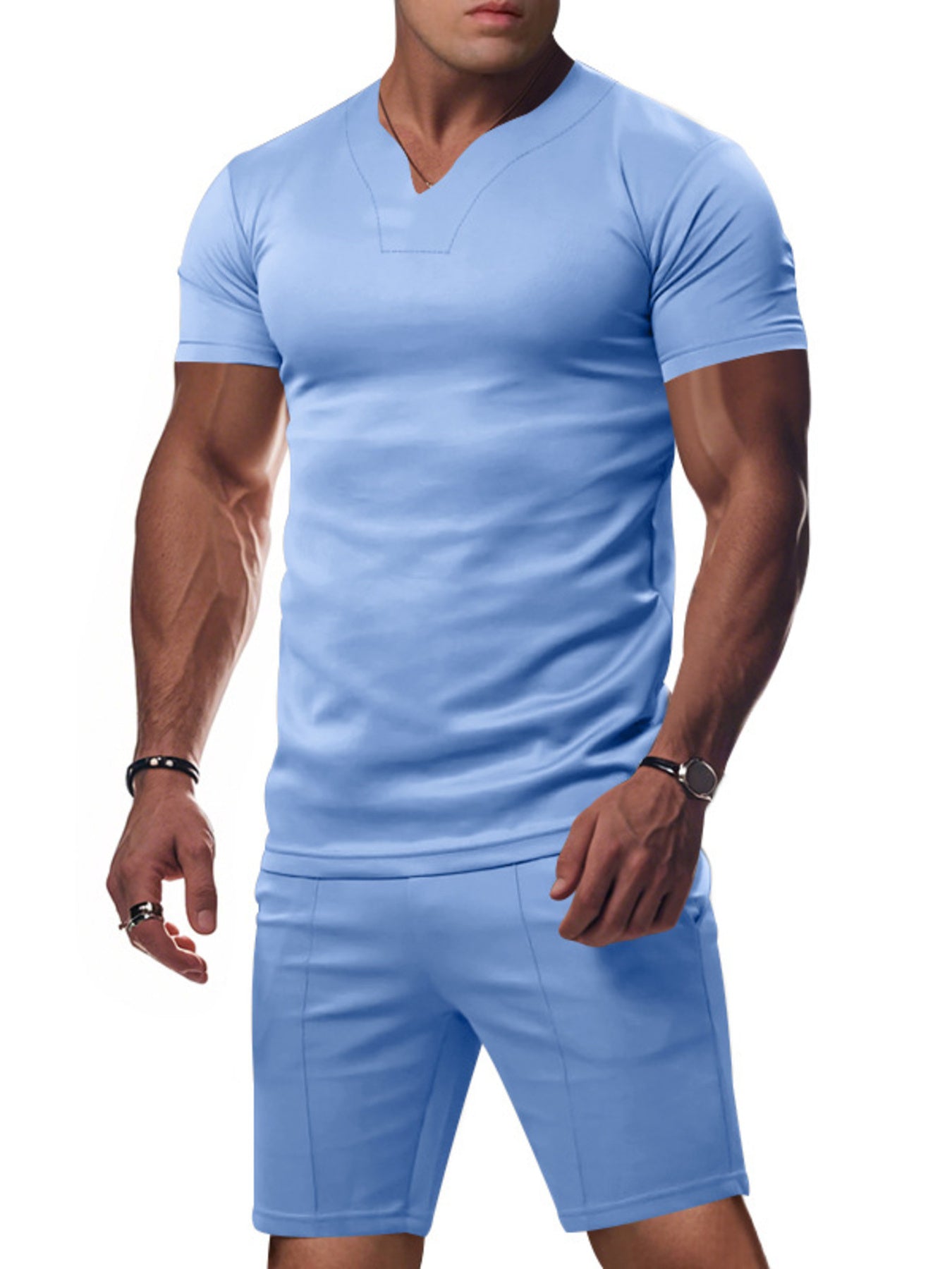 Men's Full Size V-Neck Short Sleeve T-Shirt and Shorts Set Plus Size - URBANPICK FASHION