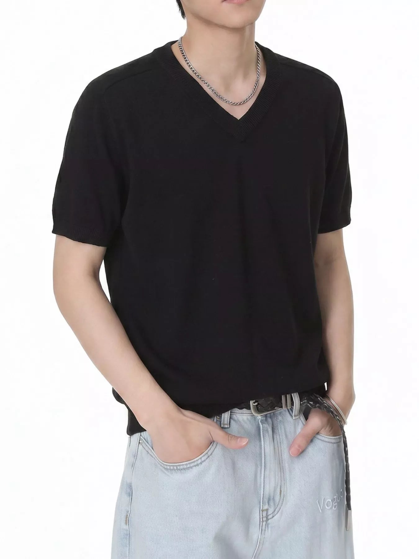 Men's V-Neck Short-Sleeve Knit T-Shirt - URBANPICK FASHION