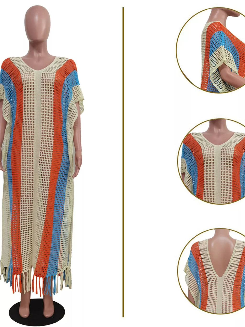 Striped Crochet Cover-Up Dress with Fringe - URBANPICK FASHION