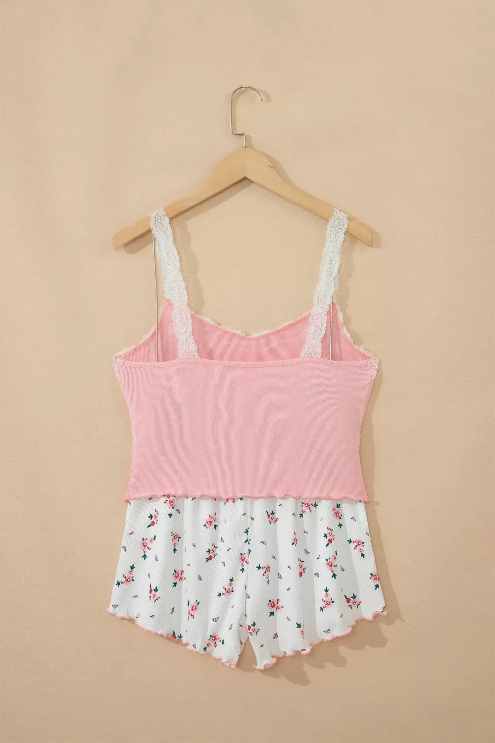 Ribbed Knit Lace Straps Patchwork Lettuce Hem Cropped Top Floral Short Lounge Set - URBANPICK FASHION