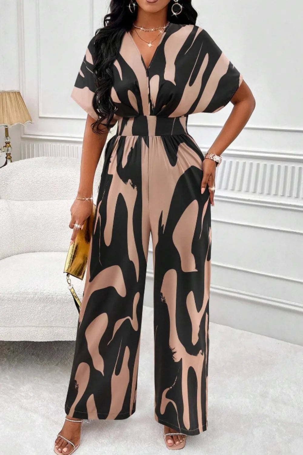 Printed V-Neck Short Sleeve Wide Leg Jumpsuit - URBANPICK FASHION