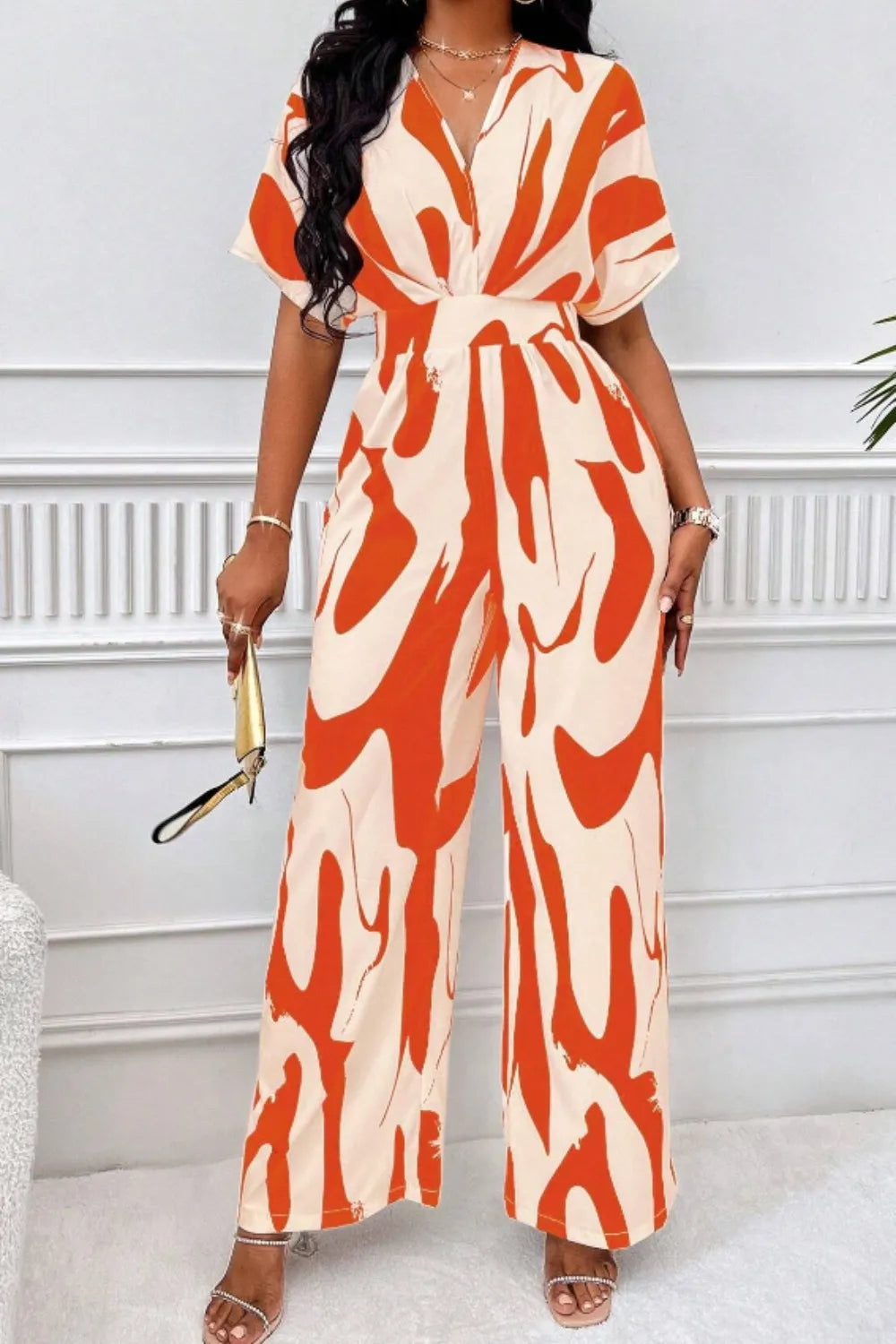 Printed V-Neck Short Sleeve Wide Leg Jumpsuit - URBANPICK FASHION