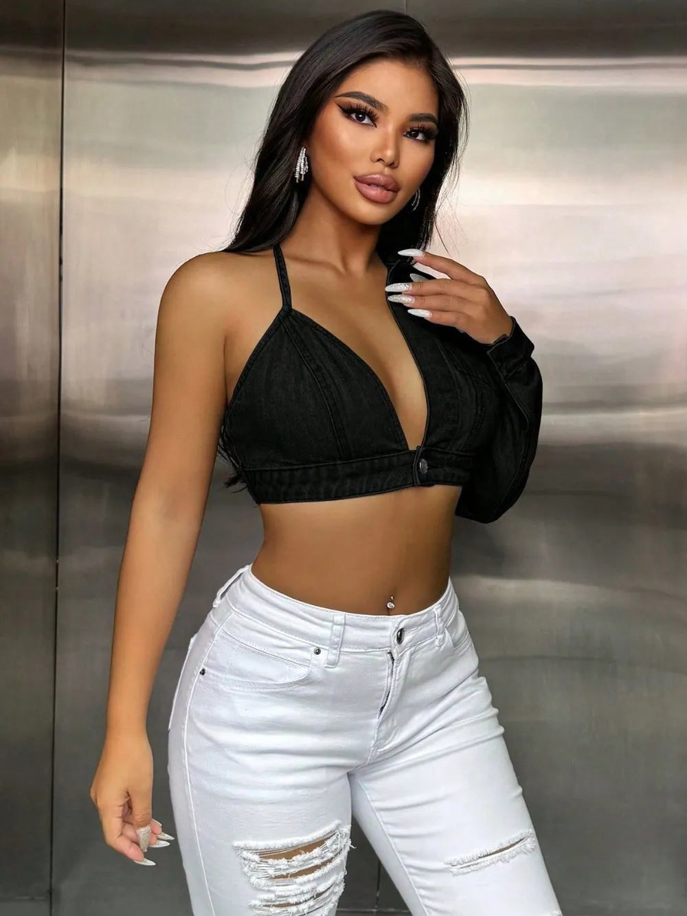 One Shoulder Long Sleeve Cropped Denim Top - URBANPICK FASHION