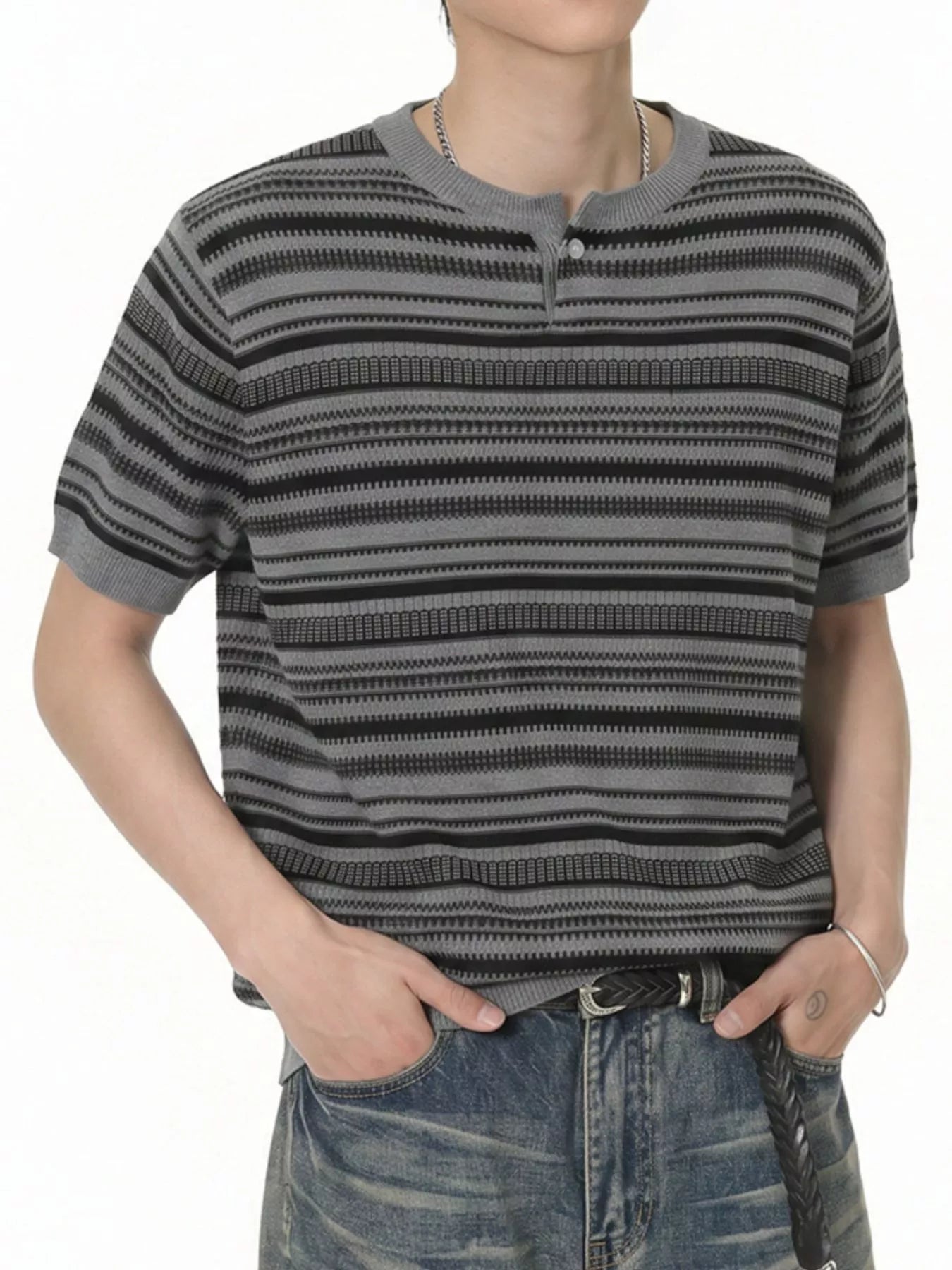Men's Striped Knit Henley T-Shirt - URBANPICK FASHION
