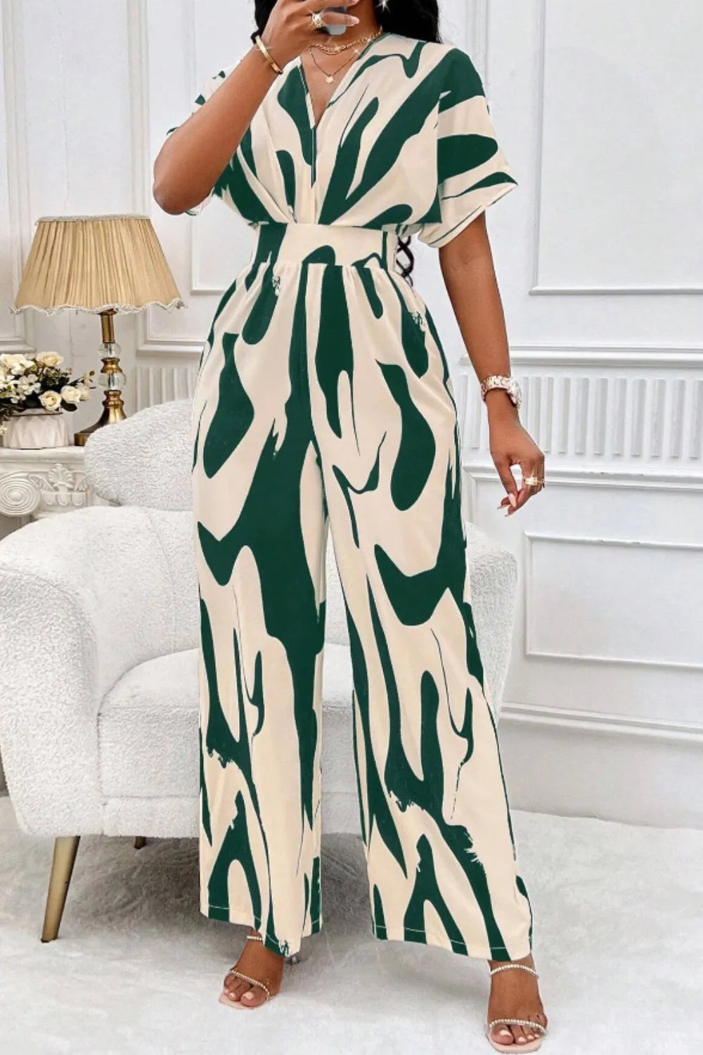 Printed V-Neck Short Sleeve Wide Leg Jumpsuit - URBANPICK FASHION