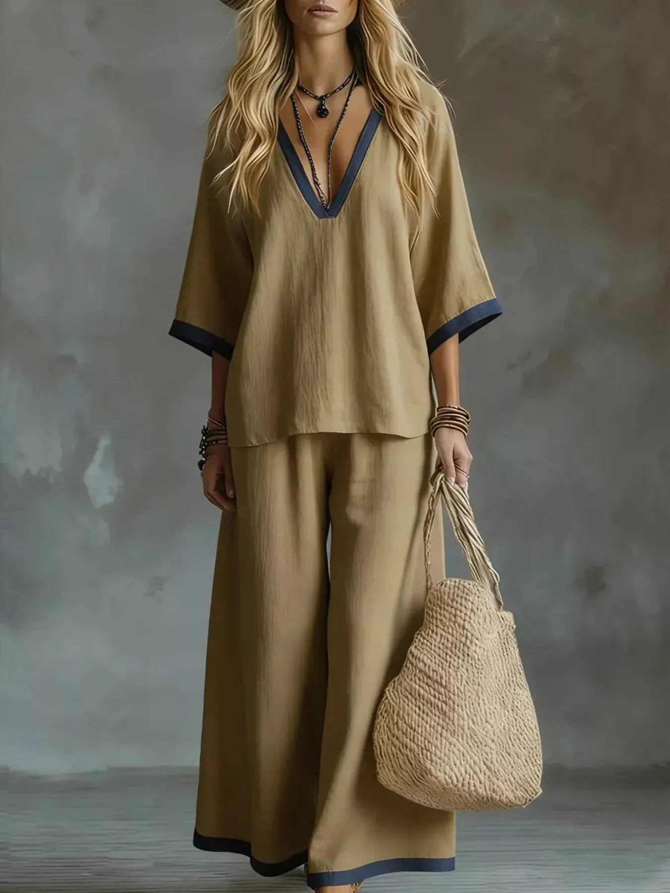 Contrast Trim V-Neck Top and Pants Set - URBANPICK FASHION