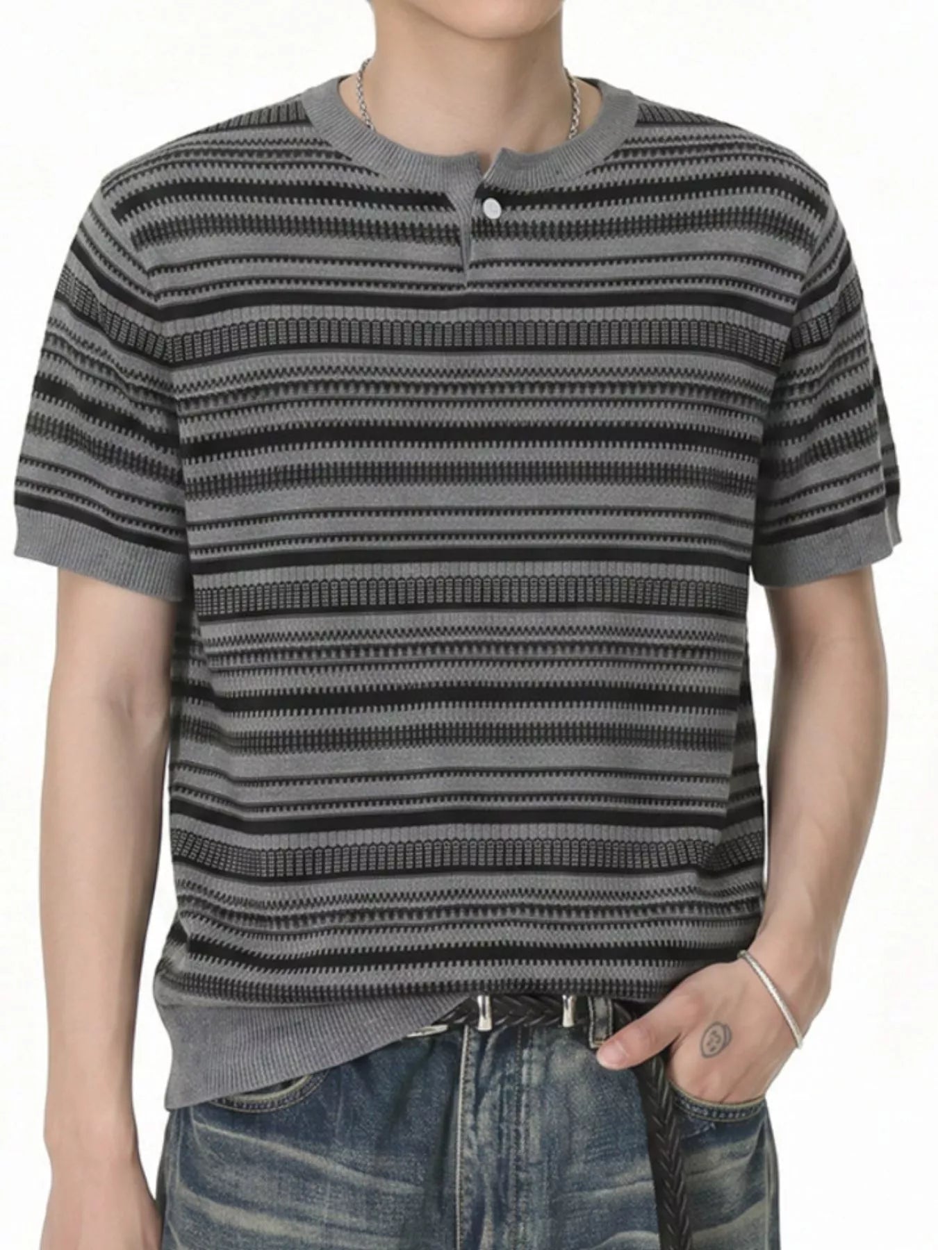 Men's Striped Knit Henley T-Shirt - URBANPICK FASHION