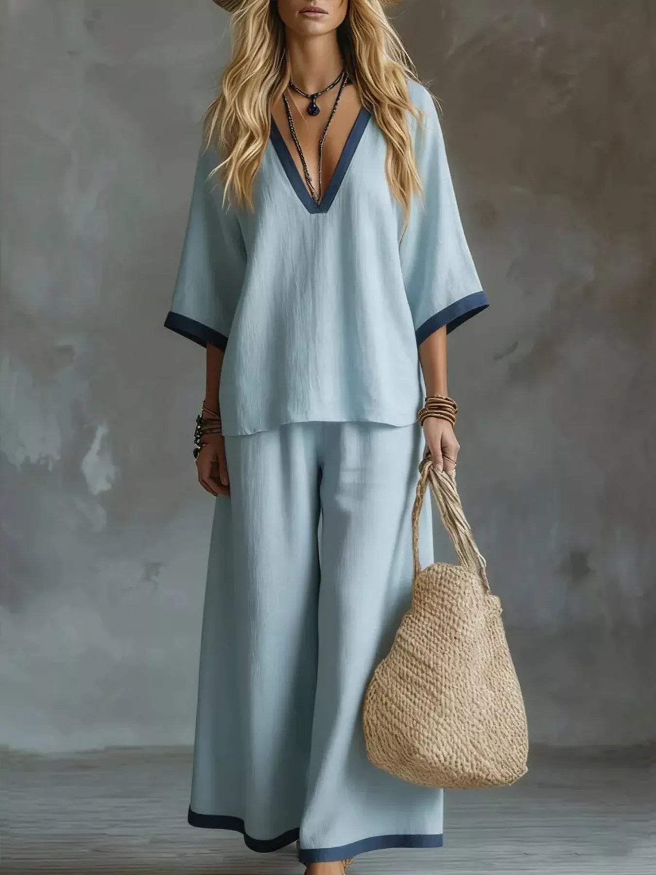 Contrast Trim V-Neck Top and Pants Set - URBANPICK FASHION