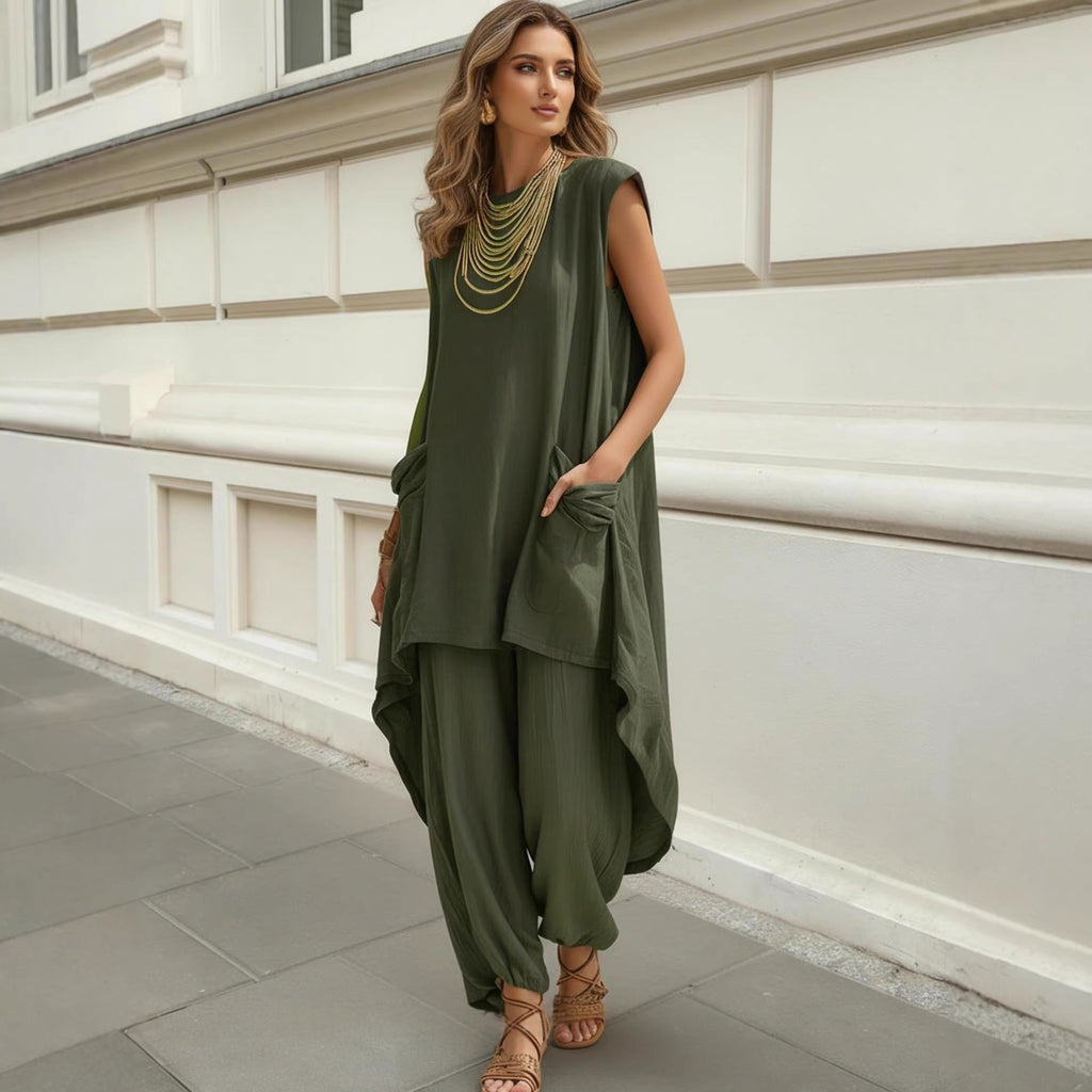Sleeveless 3D-Cut Resort Two-Piece Set | Top & Pants - URBANPICK FASHION