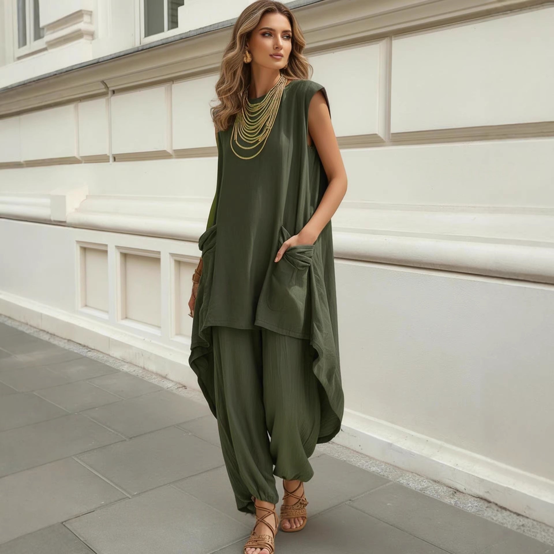 Sleeveless 3D-Cut Resort Two-Piece Set | Top & Pants - URBANPICK FASHION