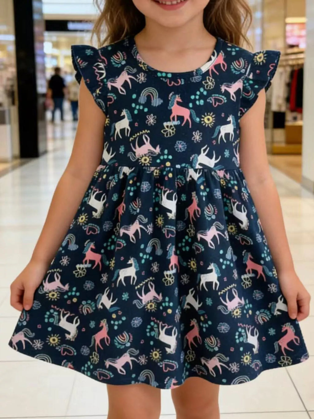 Children's Unicorn Print Ruffle Sleeve Dress - URBANPICK FASHION