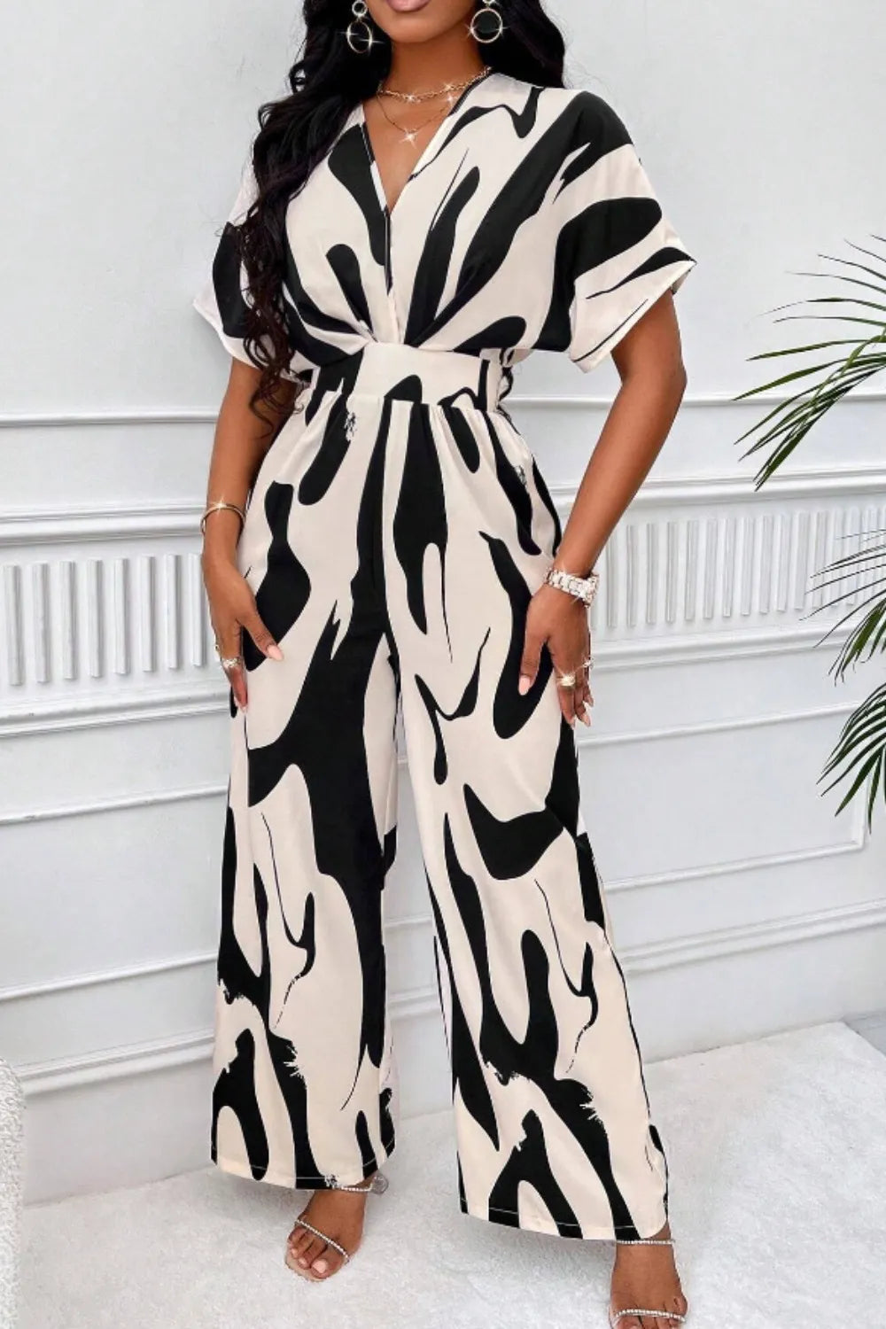 Printed V-Neck Short Sleeve Wide Leg Jumpsuit - URBANPICK FASHION