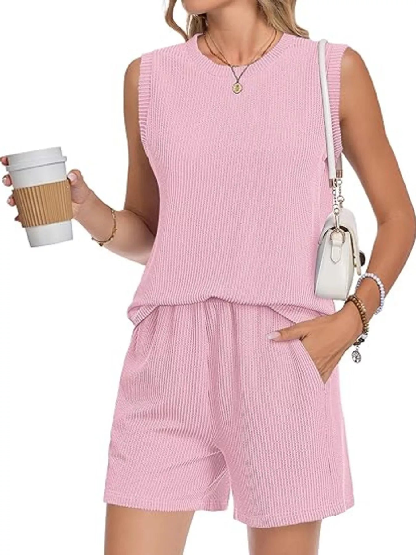 Casual Ribbed Knit Sleeveless Top and Shorts Set - URBANPICK FASHION