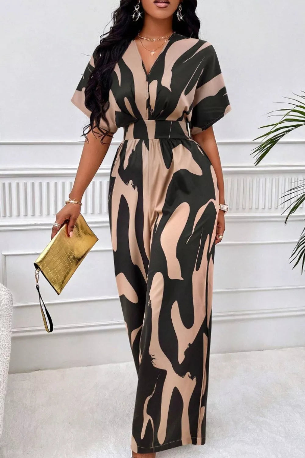 Printed V-Neck Short Sleeve Wide Leg Jumpsuit - URBANPICK FASHION