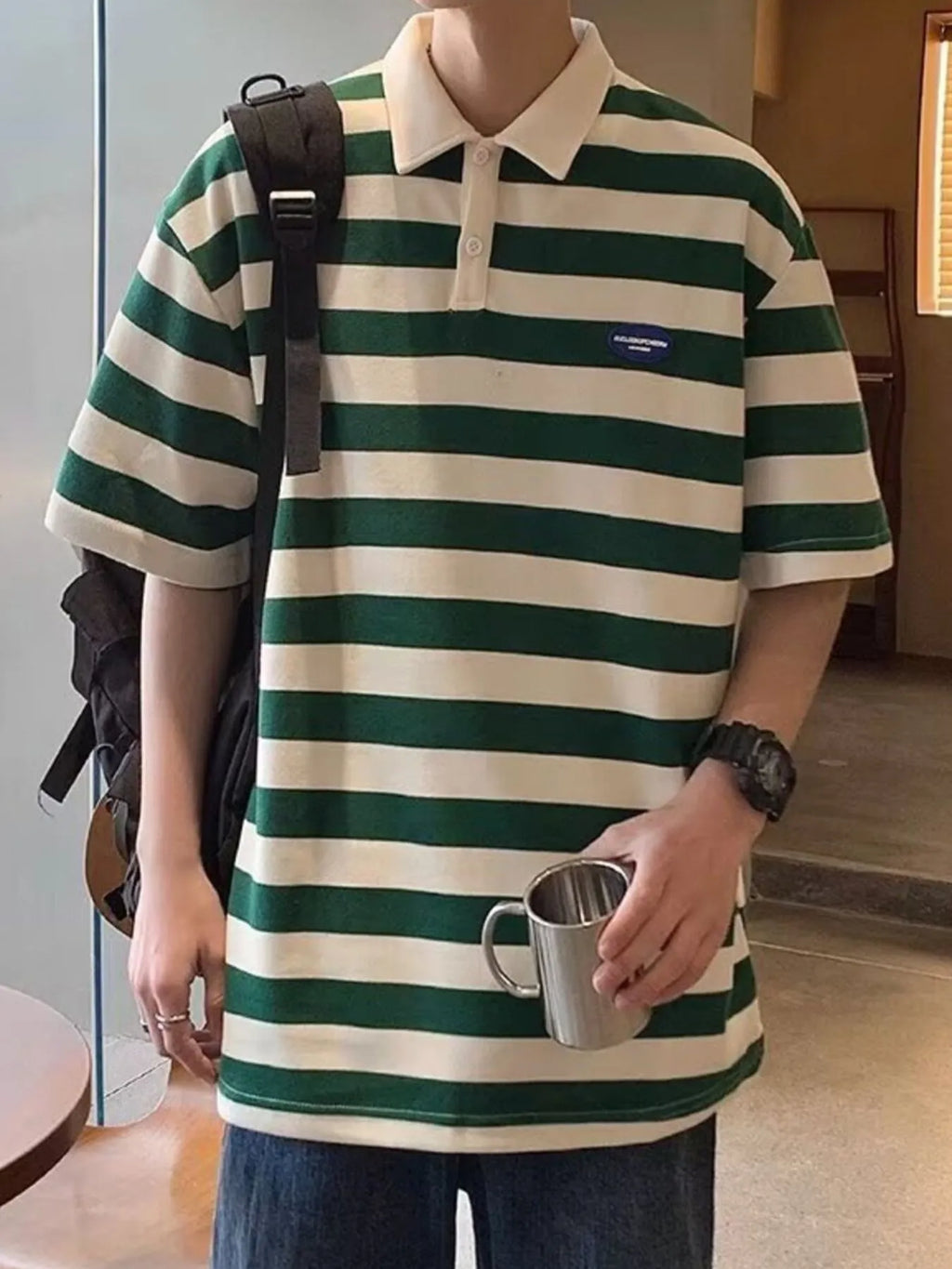 Men's Plus Size Striped Short Sleeve Oversized Polo - URBANPICK FASHION