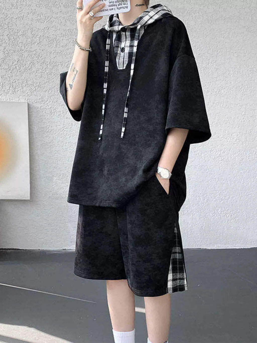Men's Plus Size Tie-Dye Plaid Patchwork Hoodie and Shorts Set - URBANPICK FASHION