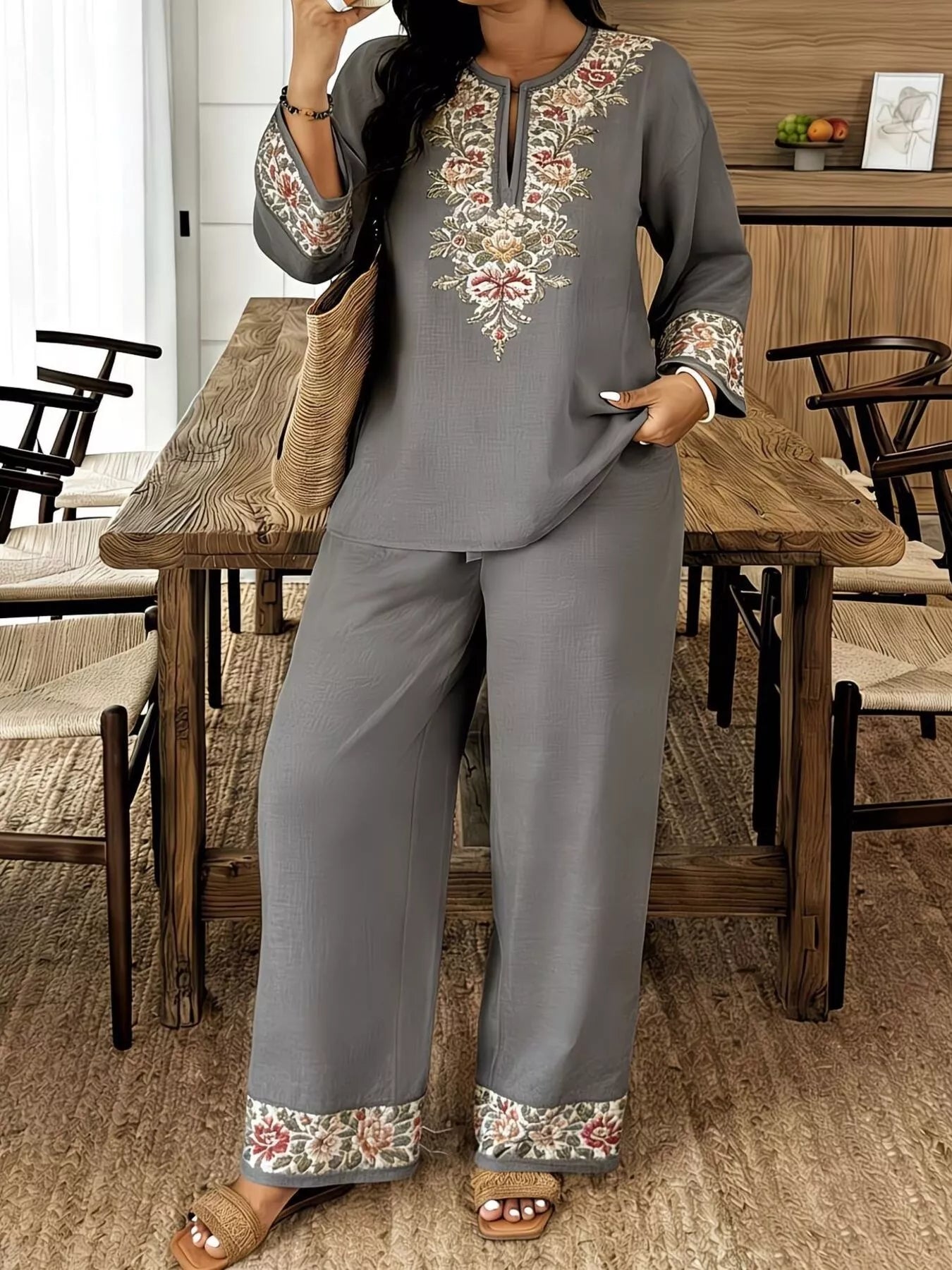 Full Size Embroidered Long Sleeve Top and Pants Set Plus Size - URBANPICK FASHION