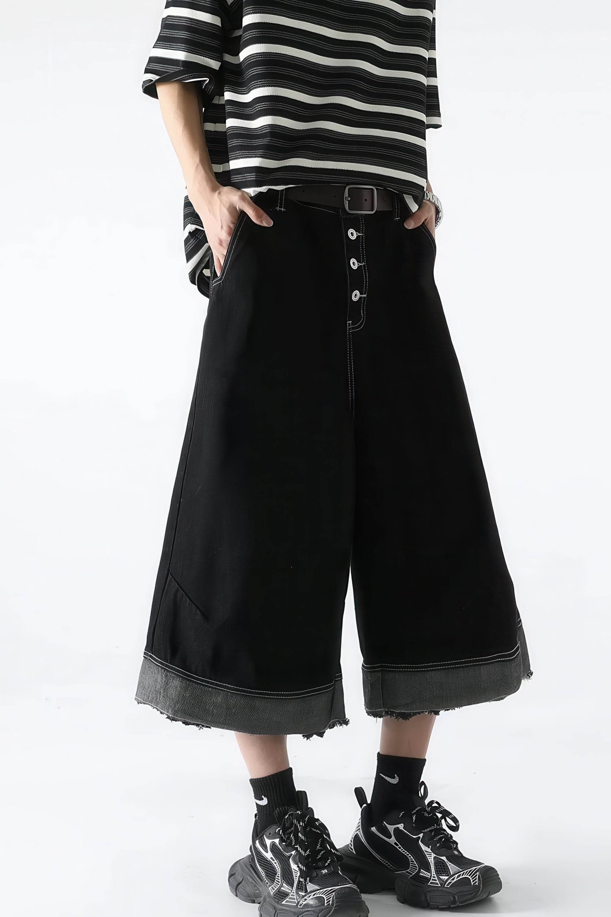 Button-Fly Cropped Jeans - Streetwear Washed Wide Leg Pants - URBANPICK FASHION