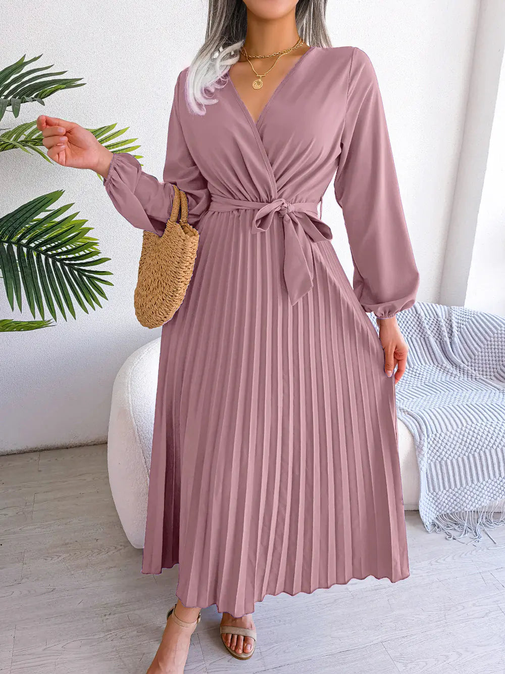 Spring/Summer Cross V-Neck Pleated Maxi Dress - URBANPICK FASHION