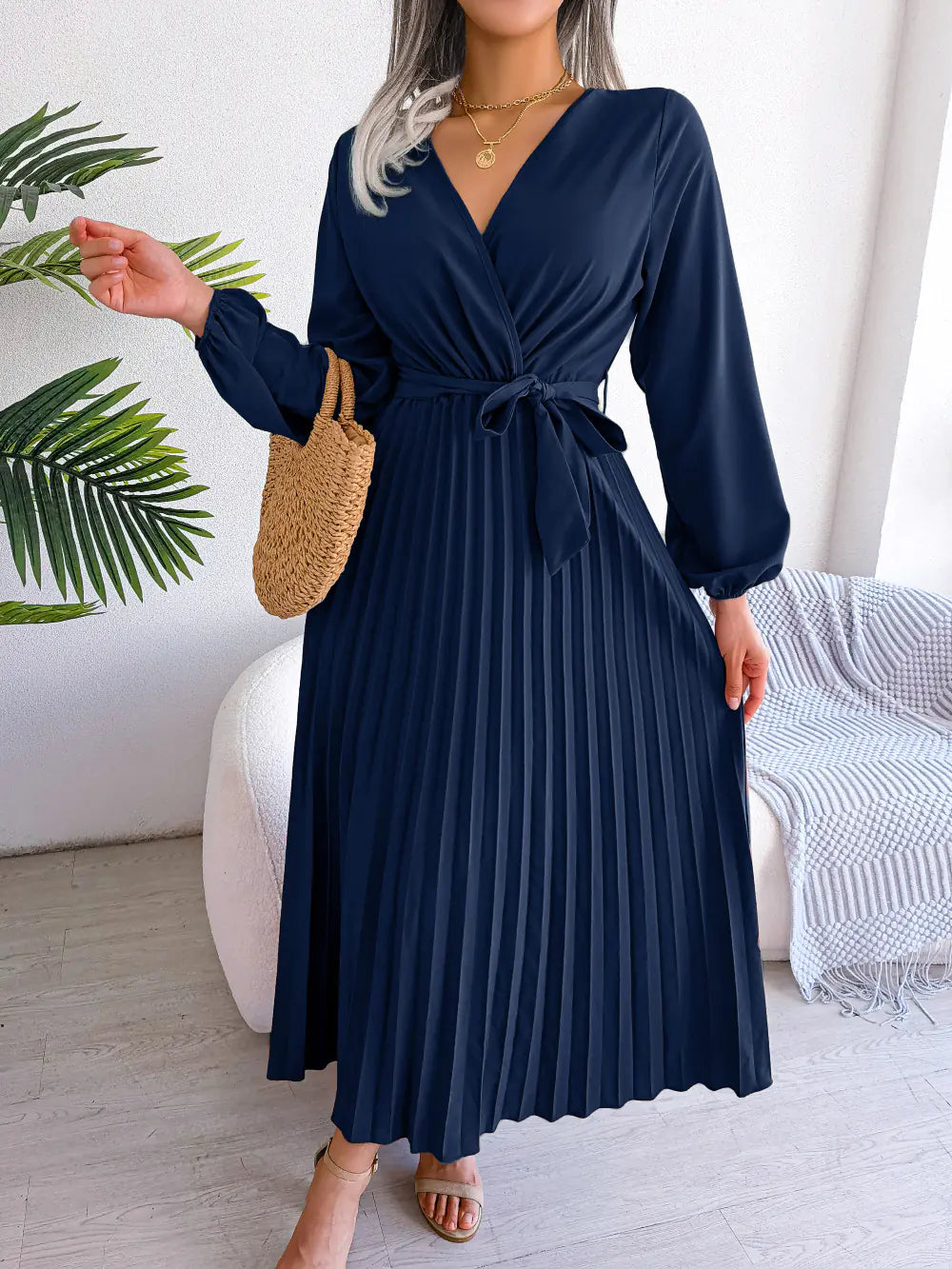 Spring/Summer Cross V-Neck Pleated Maxi Dress - URBANPICK FASHION