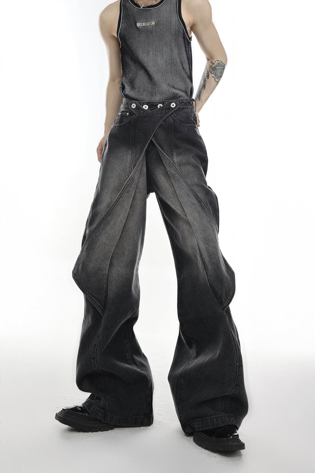 Distressed Denim Patchwork Jeans - Convertible Flare Design - URBANPICK FASHION