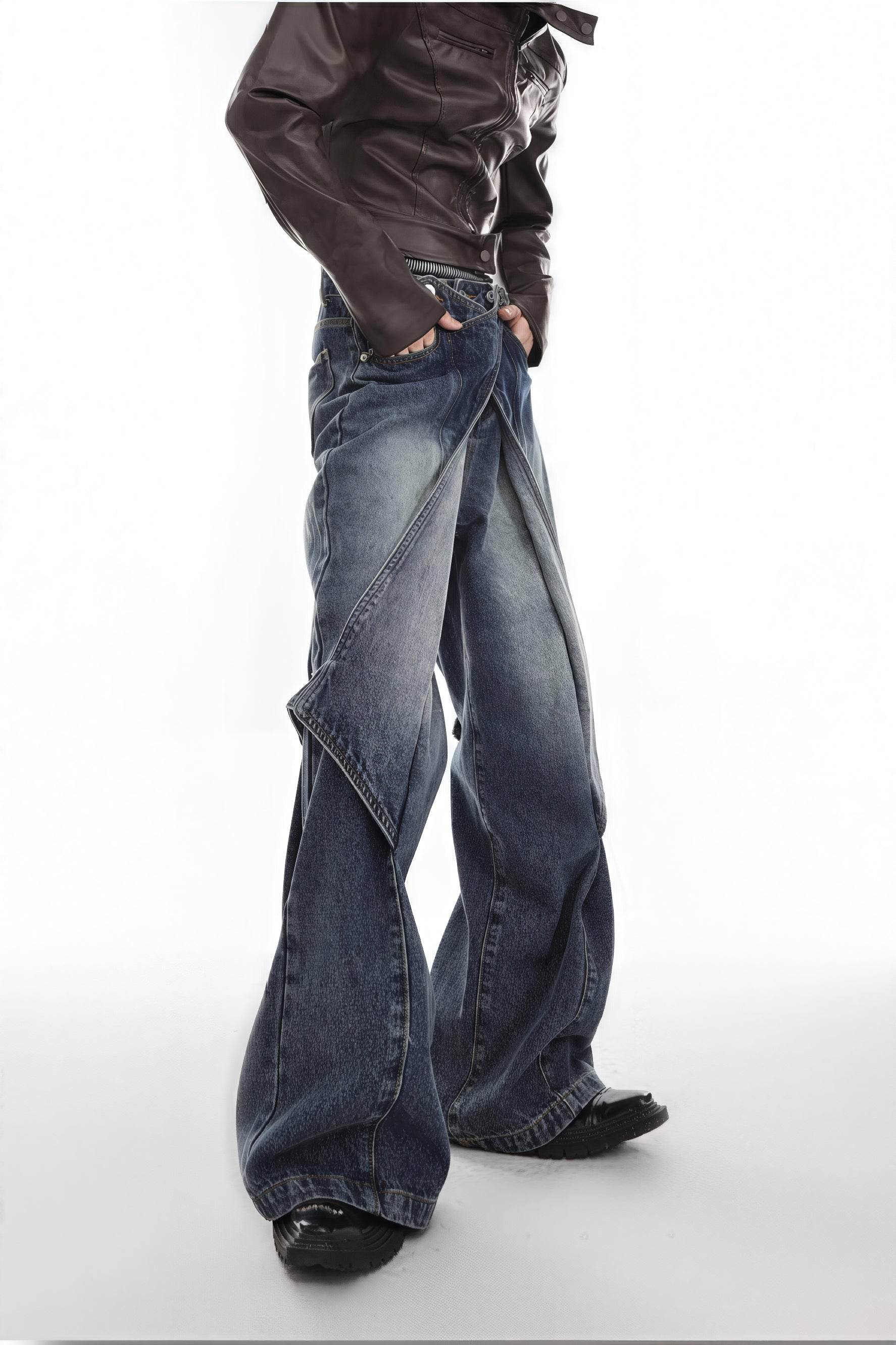 Distressed Denim Patchwork Jeans - Convertible Flare Design - URBANPICK FASHION