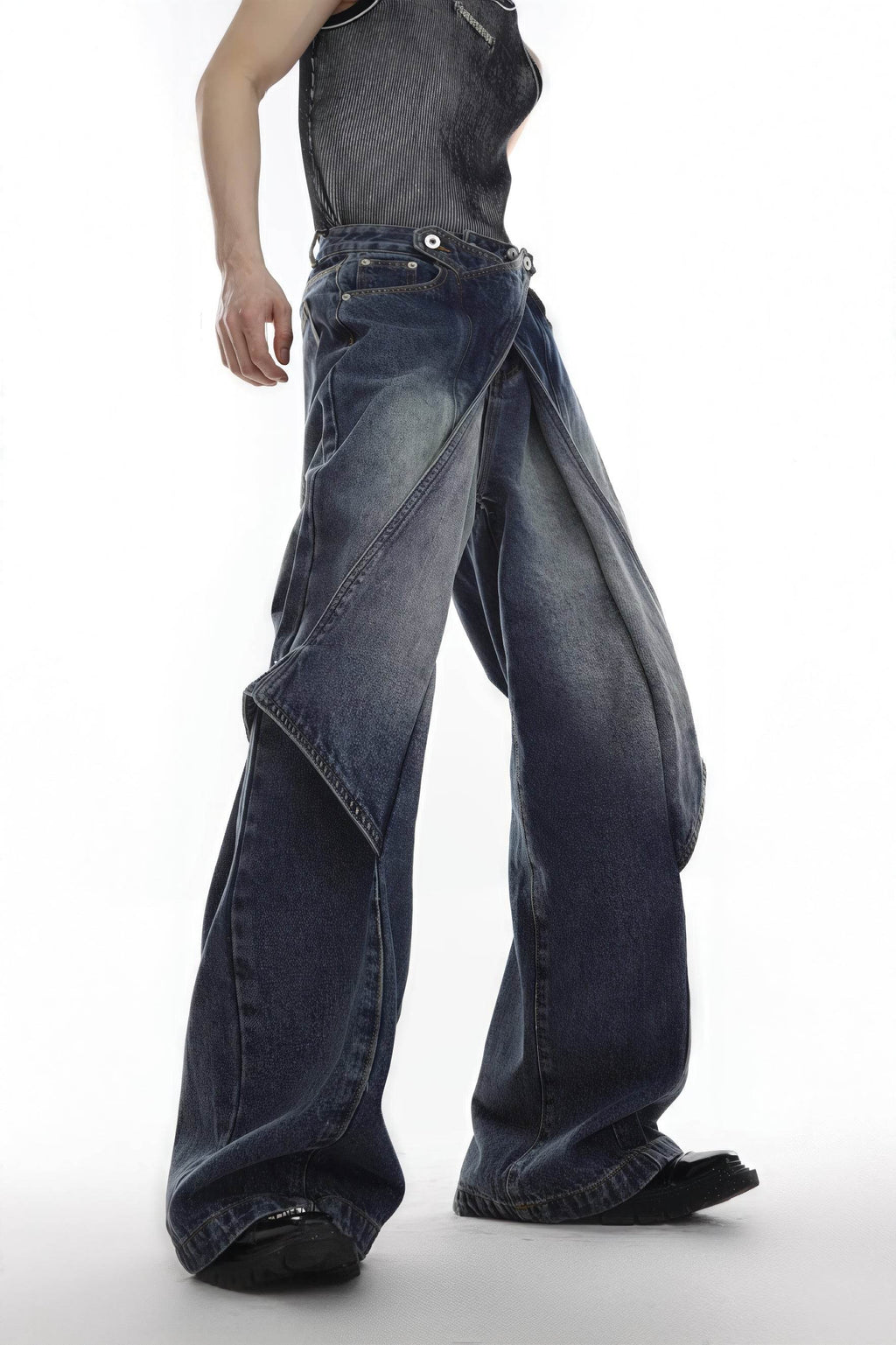 Distressed Denim Patchwork Jeans - Convertible Flare Design - URBANPICK FASHION