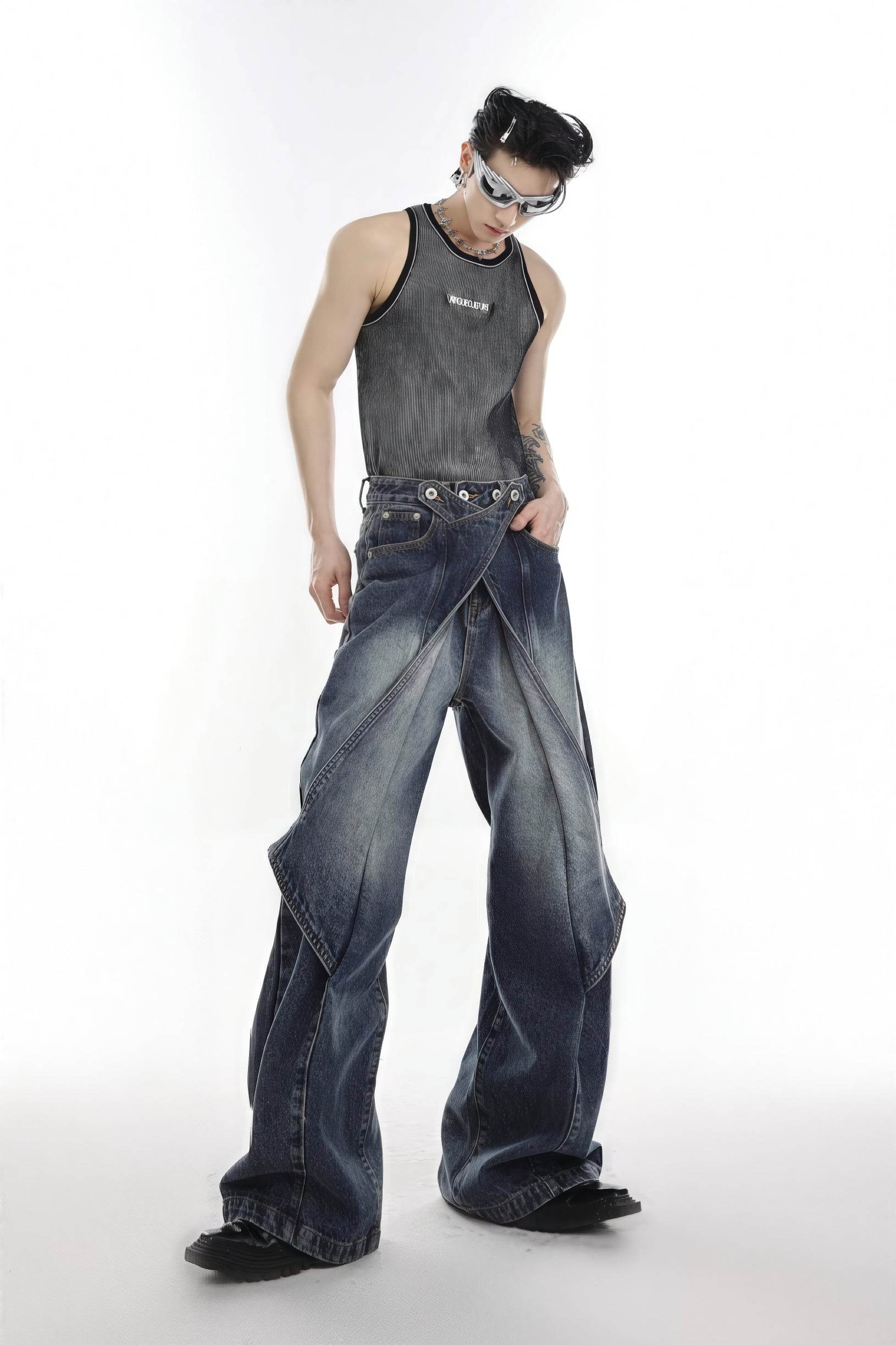 Distressed Denim Patchwork Jeans - Convertible Flare Design - URBANPICK FASHION
