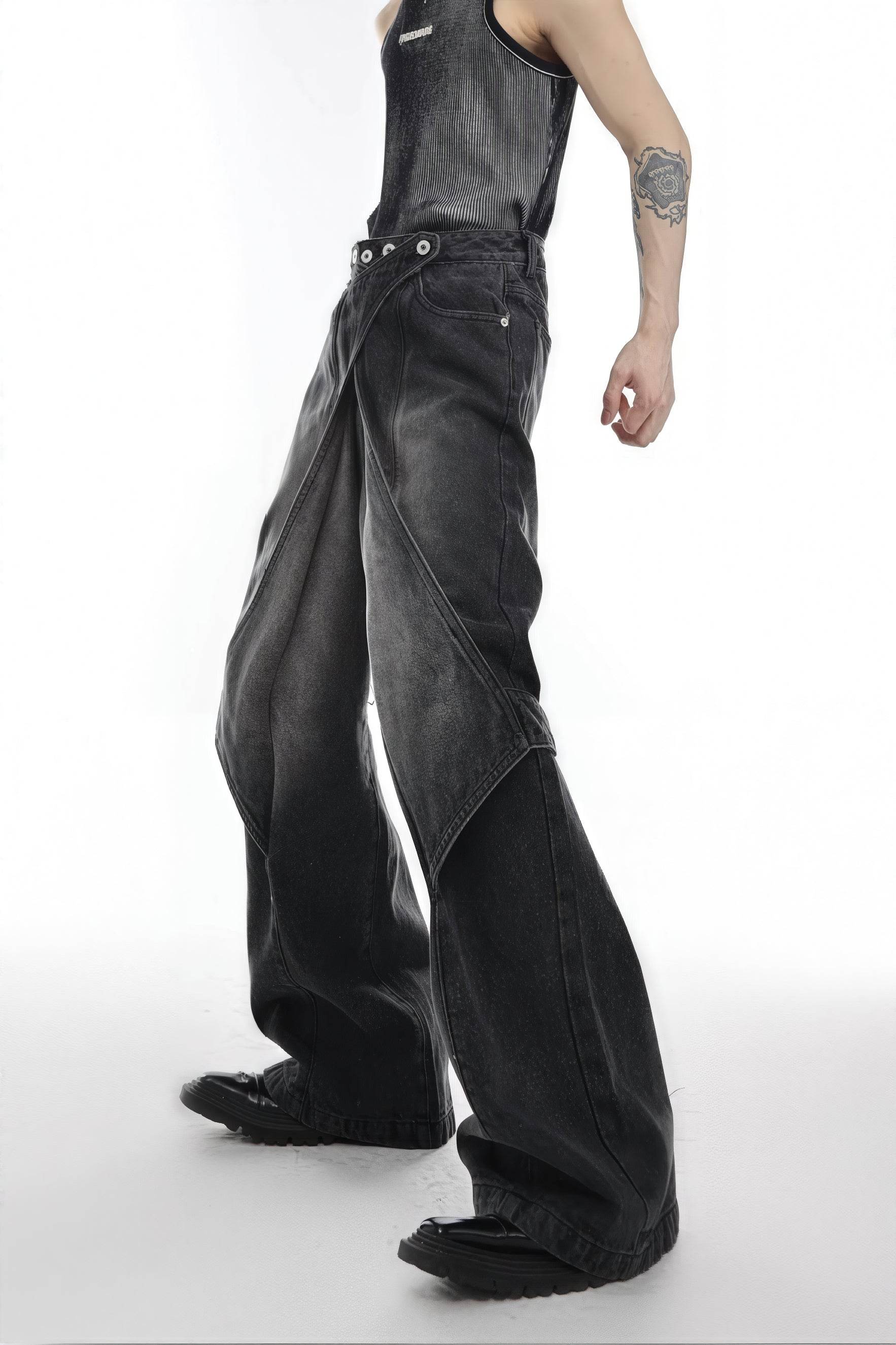 Distressed Denim Patchwork Jeans - Convertible Flare Design - URBANPICK FASHION