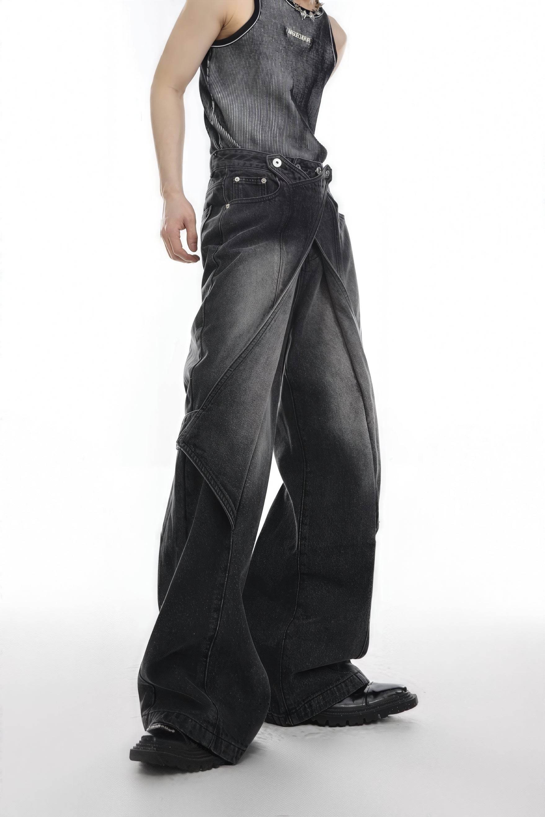 Distressed Denim Patchwork Jeans - Convertible Flare Design - URBANPICK FASHION