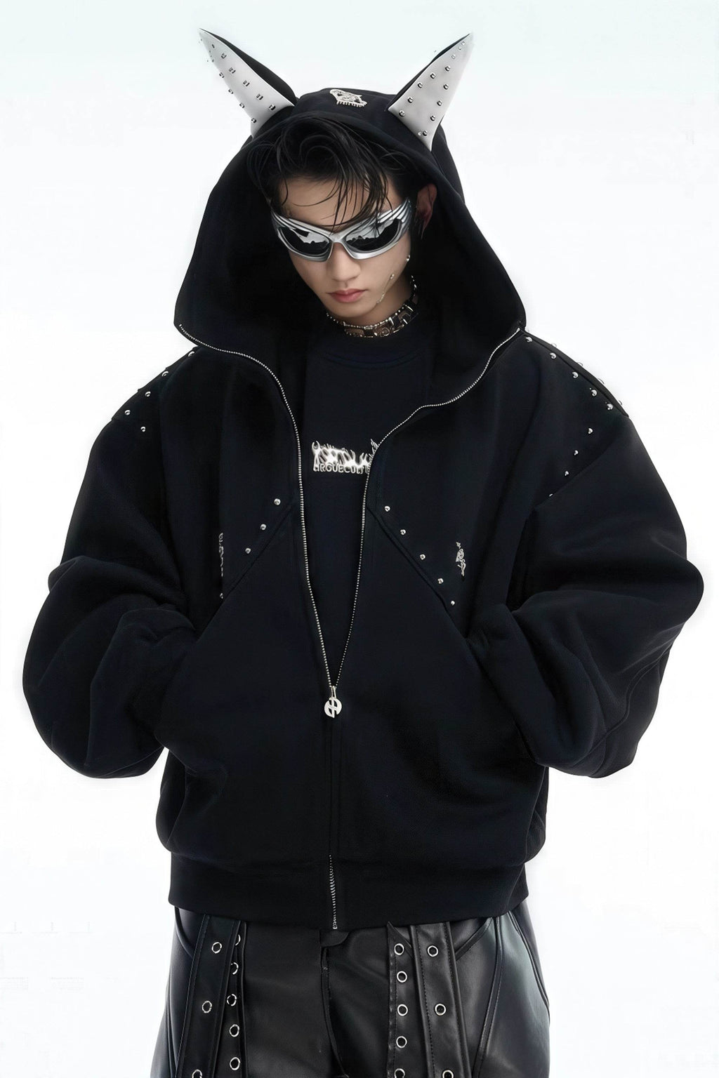 Doberman Dog Hooded Jacket with Rivet Accents - URBANPICK FASHION