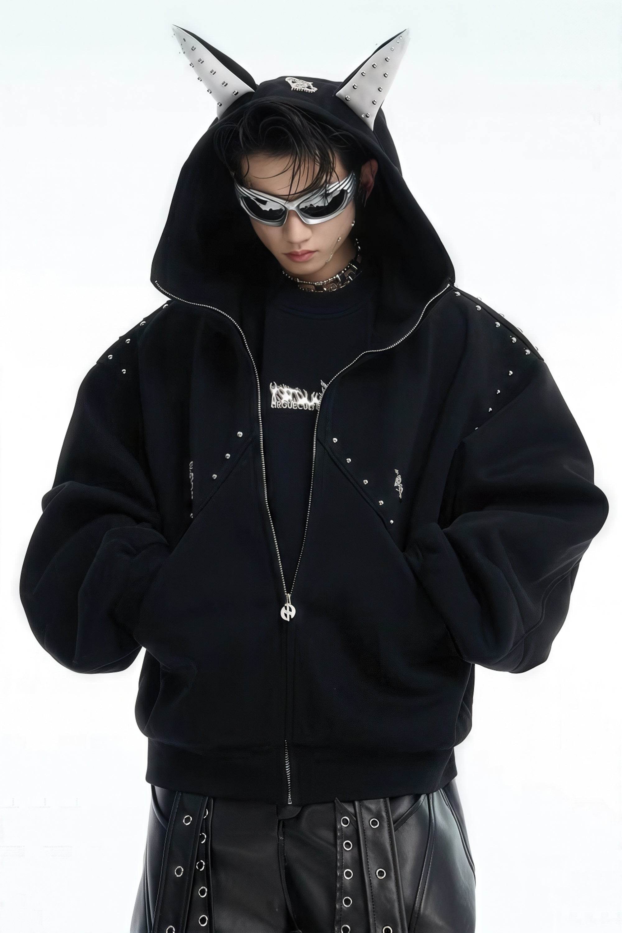 Doberman Dog Hooded Jacket with Rivet Accents - URBANPICK FASHION