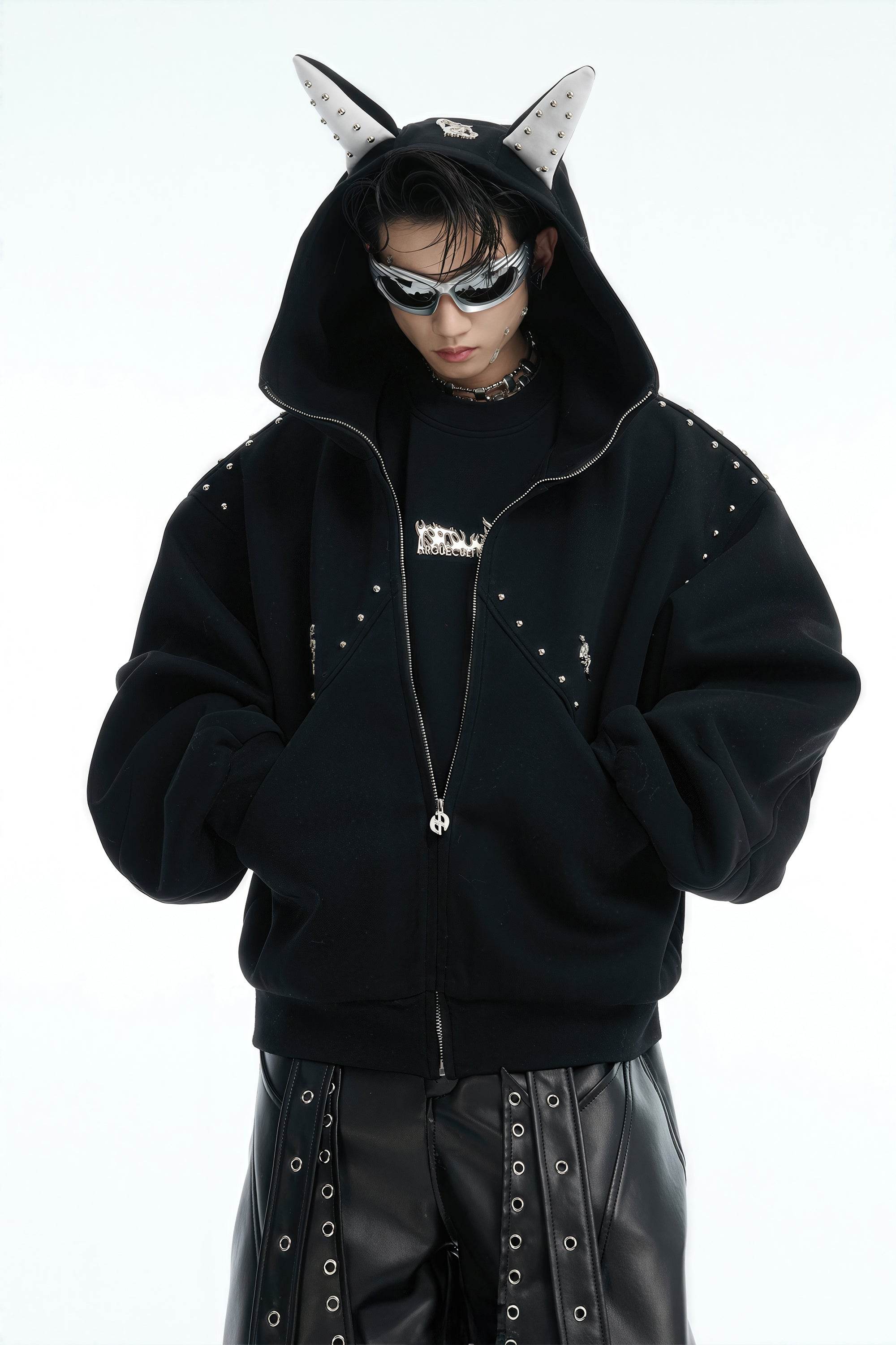 Doberman Dog Hooded Jacket with Rivet Accents - URBANPICK FASHION