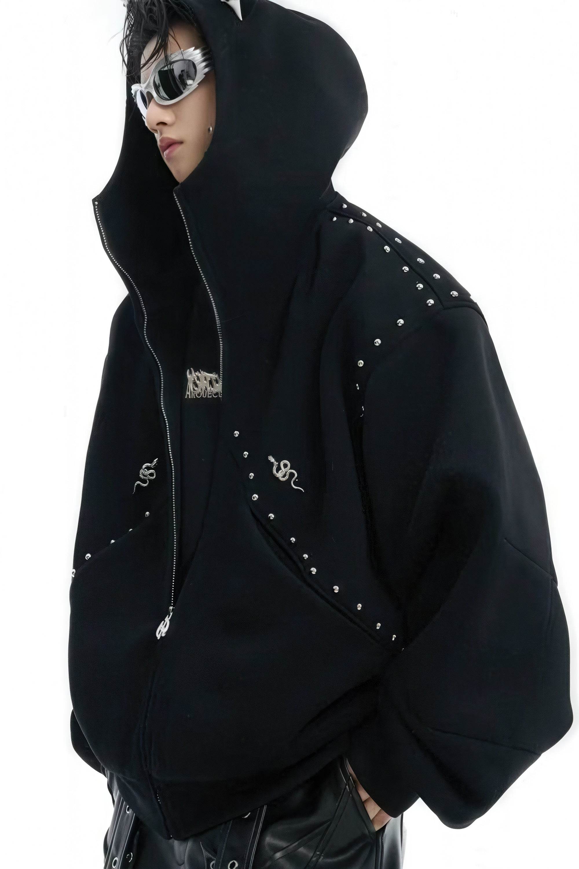 Doberman Dog Hooded Jacket with Rivet Accents - URBANPICK FASHION