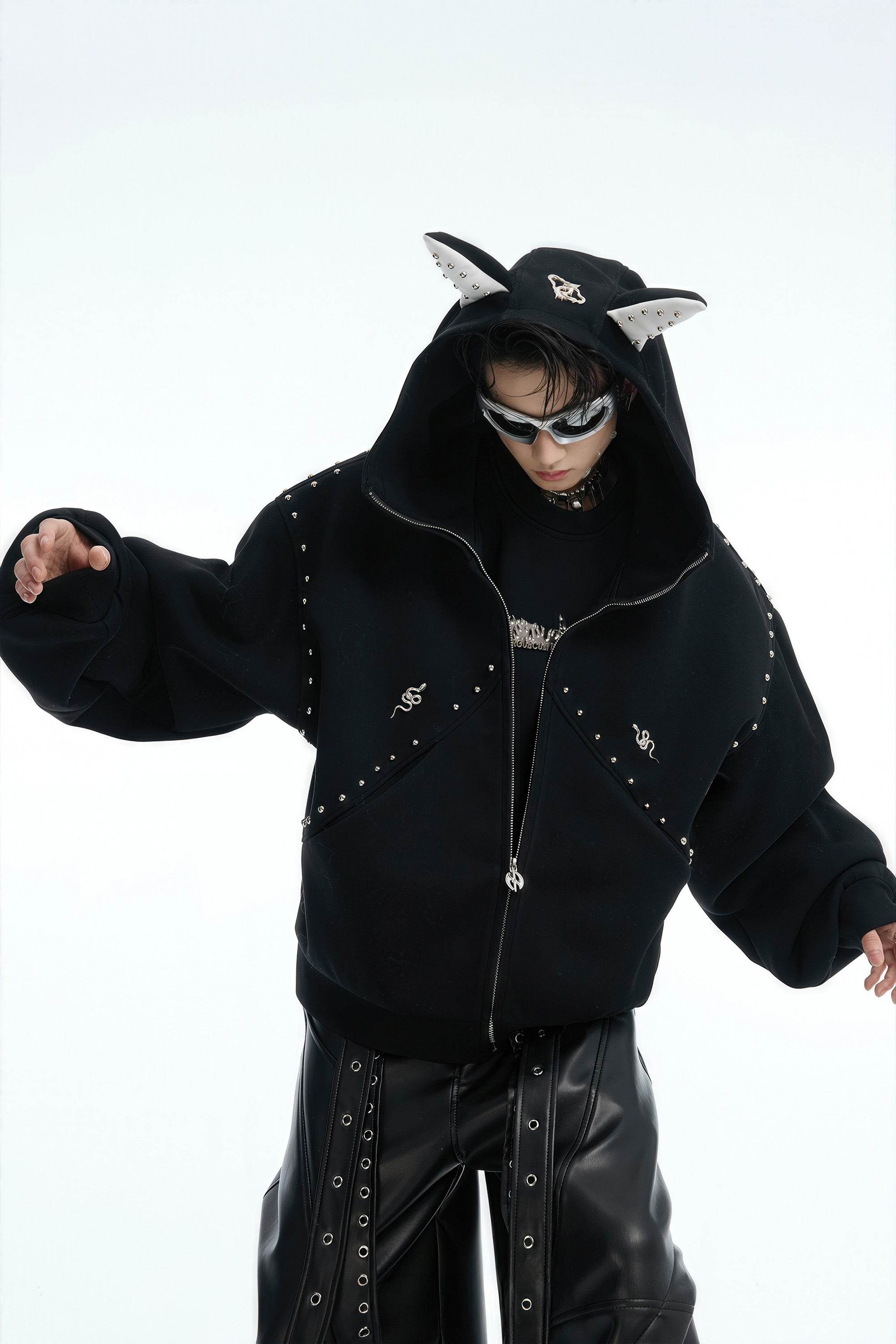 Doberman Dog Hooded Jacket with Rivet Accents - URBANPICK FASHION