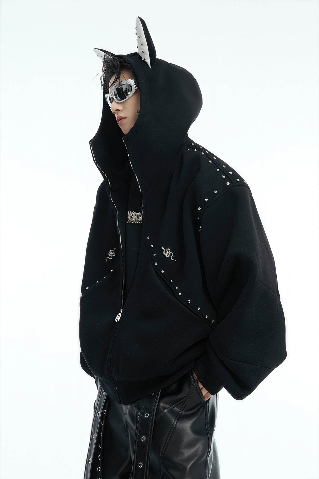 Doberman Dog Hooded Jacket with Rivet Accents - URBANPICK FASHION