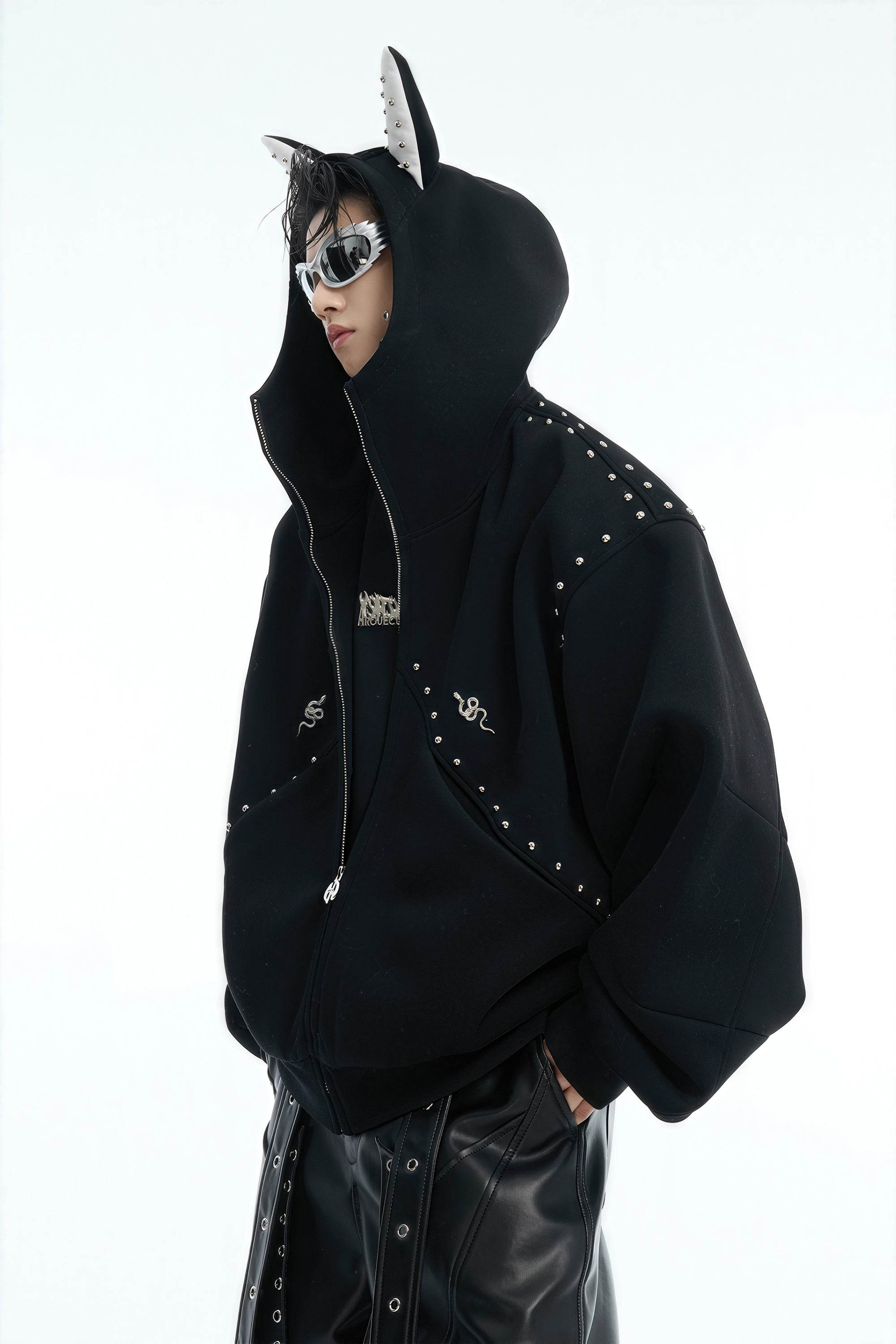 Doberman Dog Hooded Jacket with Rivet Accents - URBANPICK FASHION
