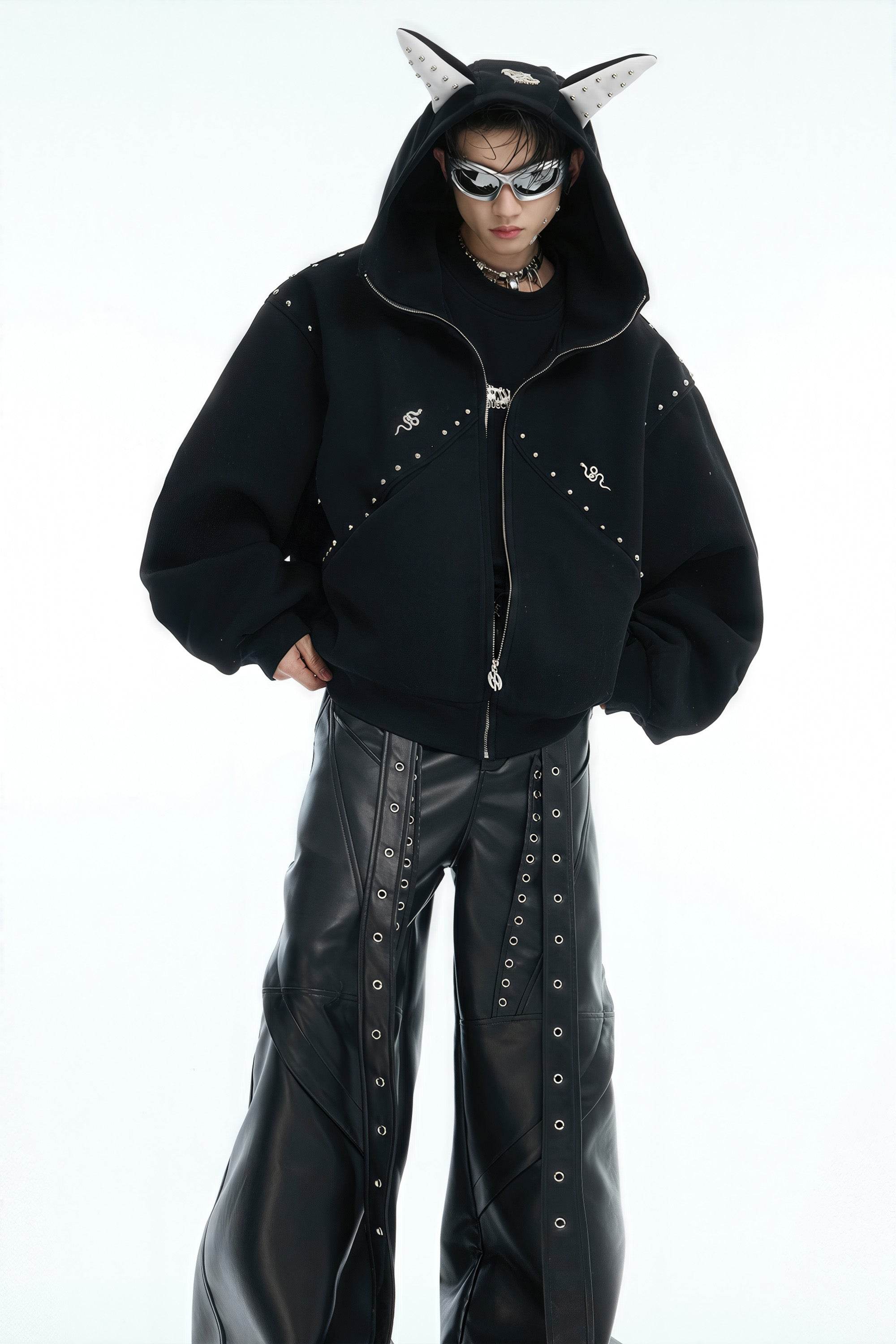 Doberman Dog Hooded Jacket with Rivet Accents - URBANPICK FASHION