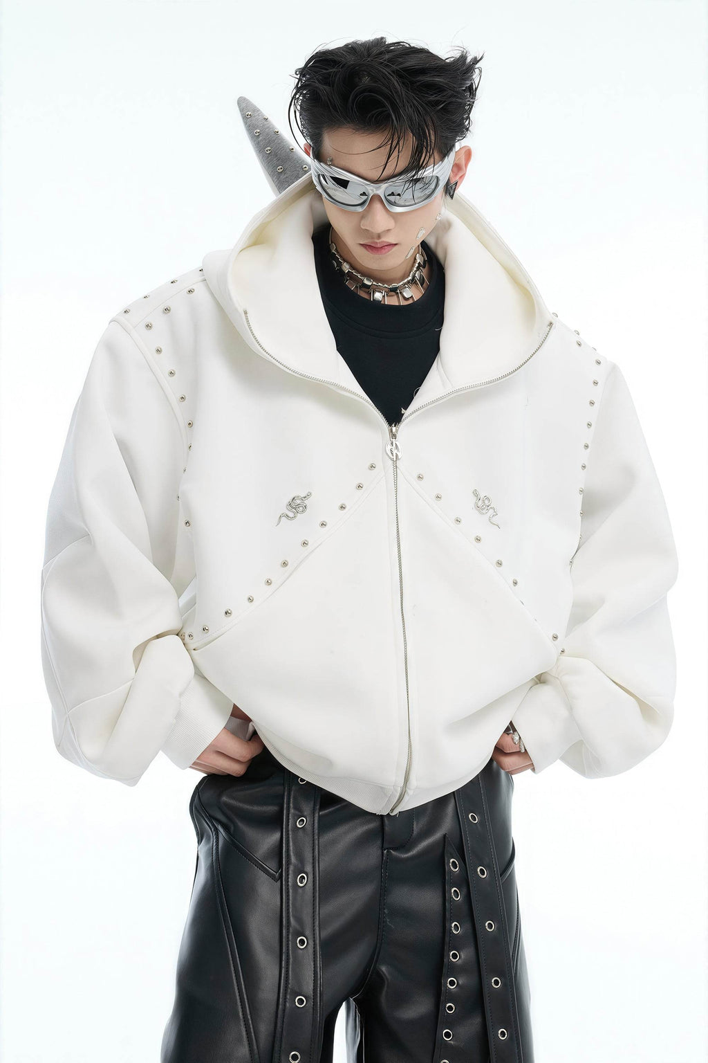 Doberman Dog Hooded Jacket with Rivet Accents - URBANPICK FASHION
