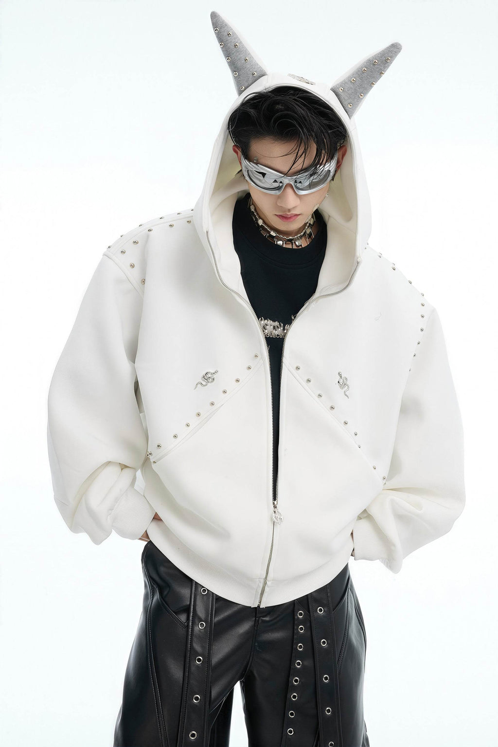 Doberman Dog Hooded Jacket with Rivet Accents - URBANPICK FASHION