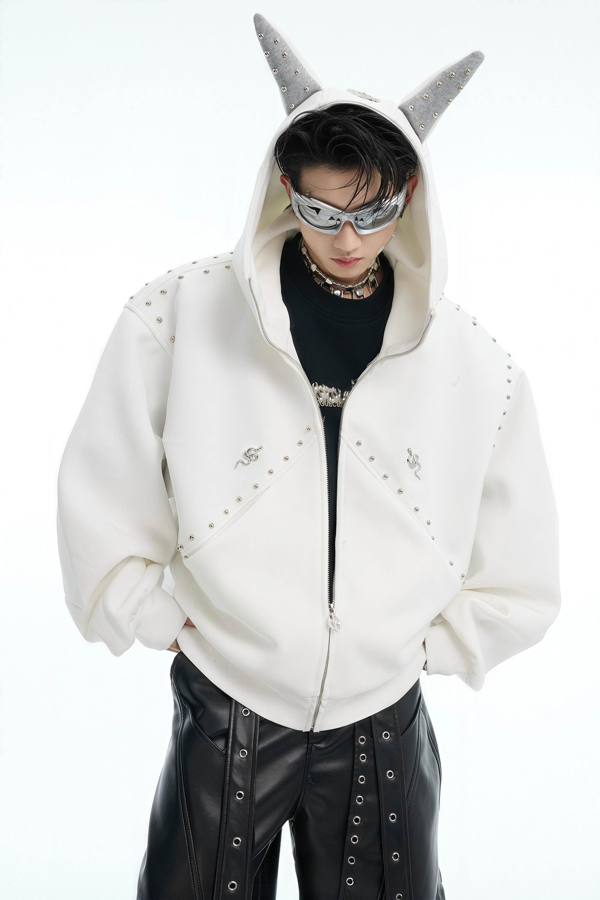 Doberman Dog Hooded Jacket with Rivet Accents - URBANPICK FASHION