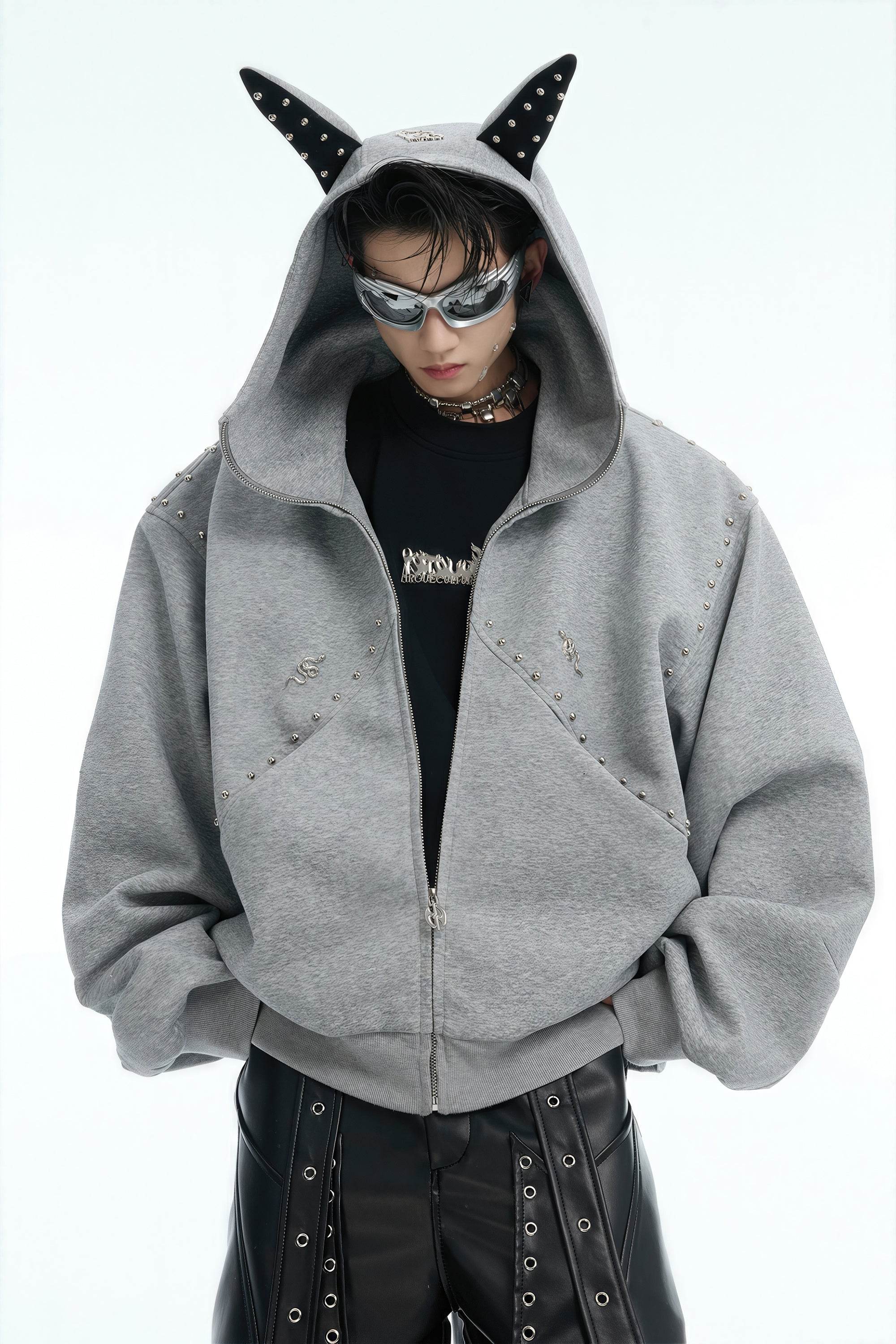 Doberman Dog Hooded Jacket with Rivet Accents - URBANPICK FASHION