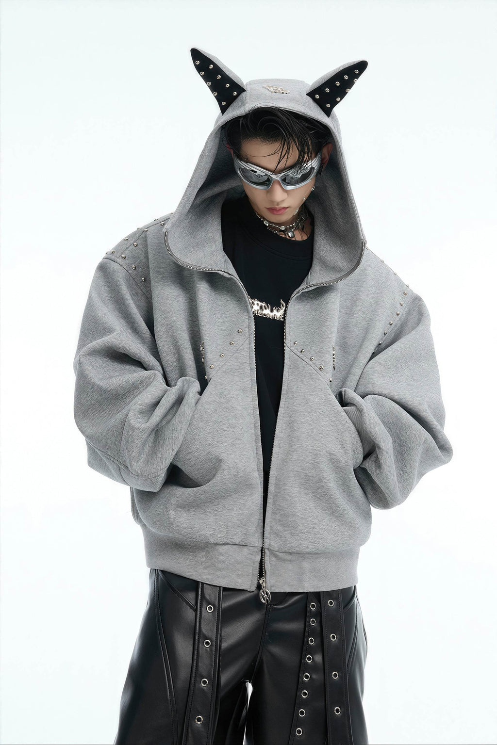 Doberman Dog Hooded Jacket with Rivet Accents - URBANPICK FASHION