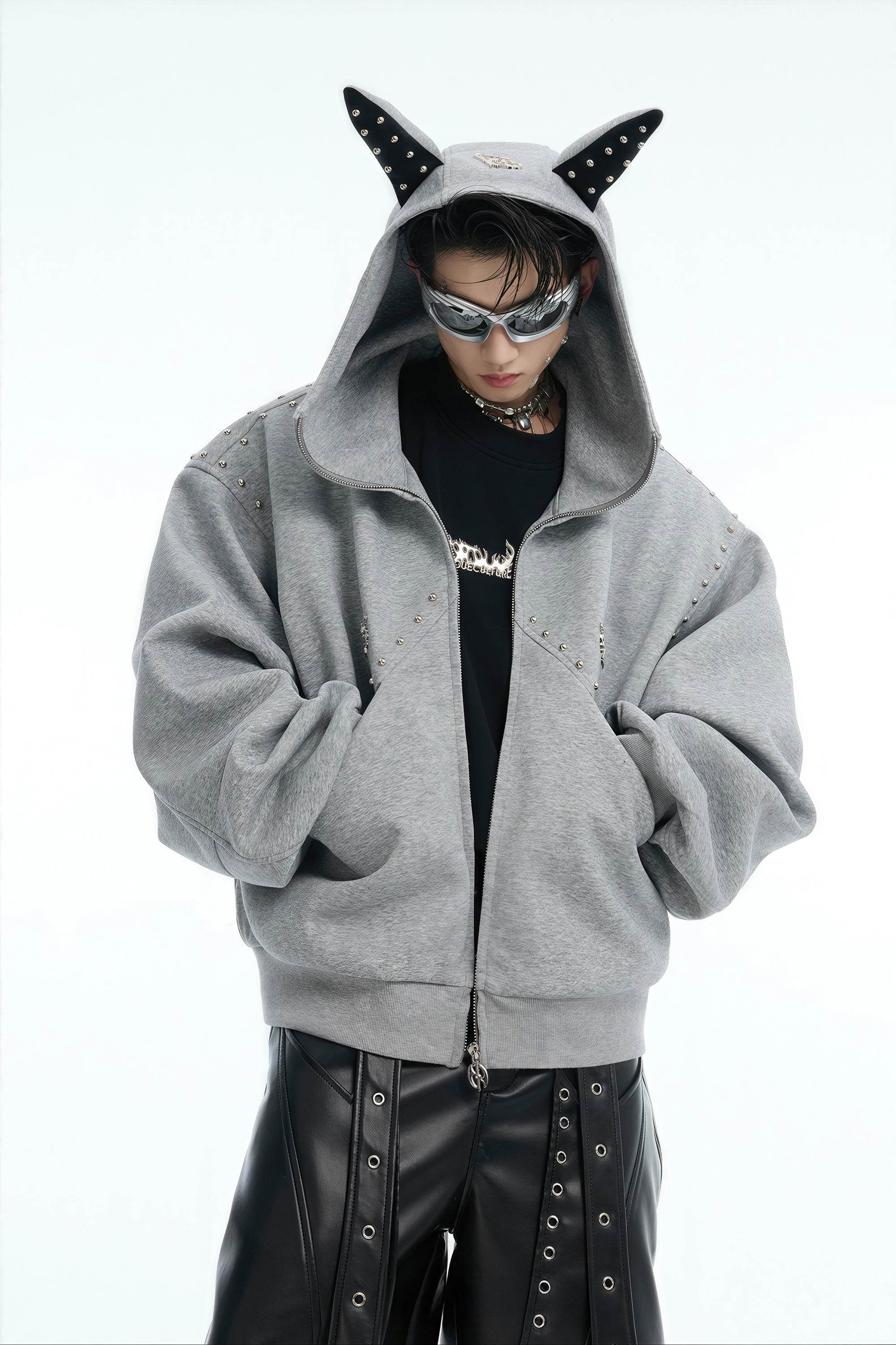 Doberman Dog Hooded Jacket with Rivet Accents - URBANPICK FASHION