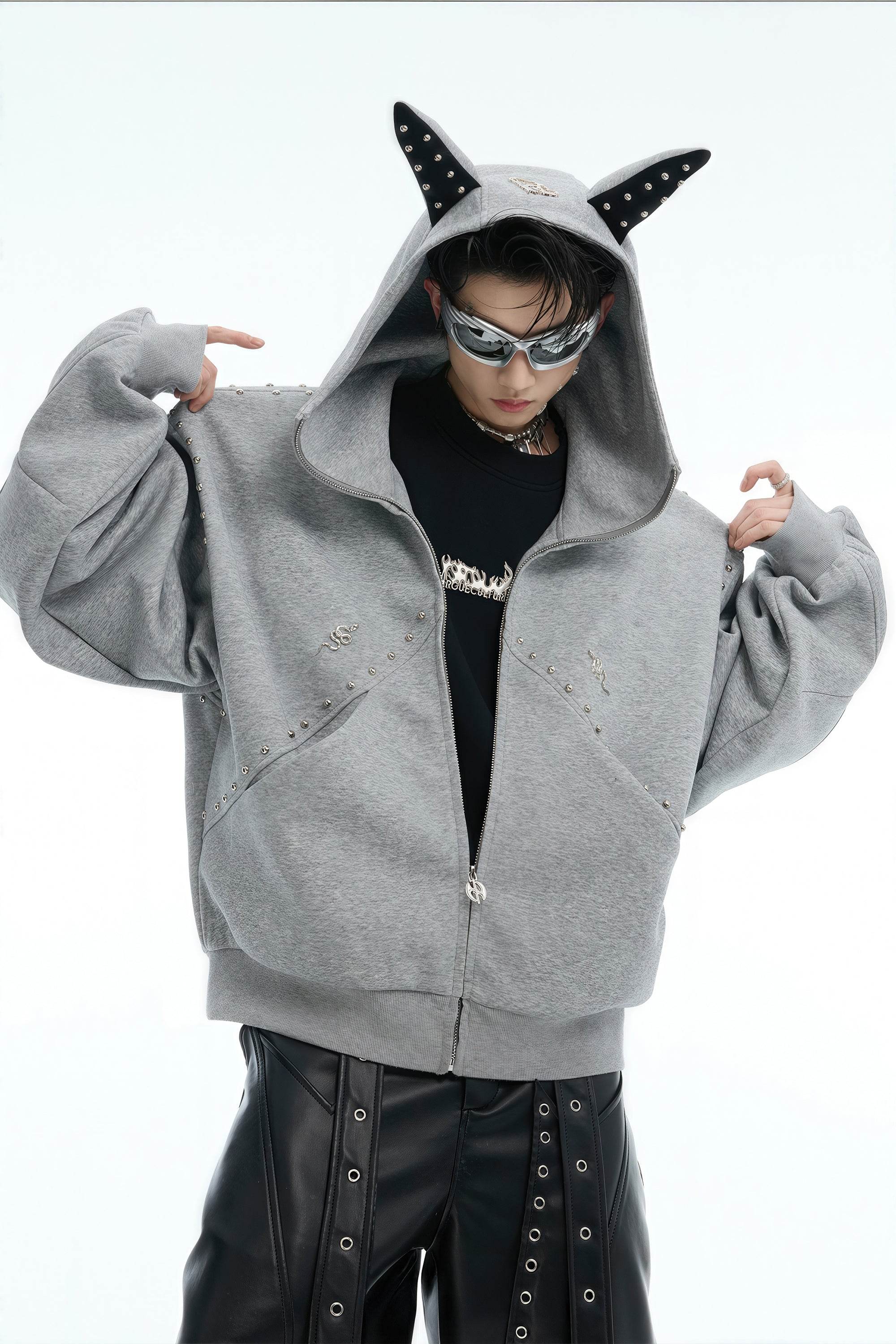 Doberman Dog Hooded Jacket with Rivet Accents - URBANPICK FASHION