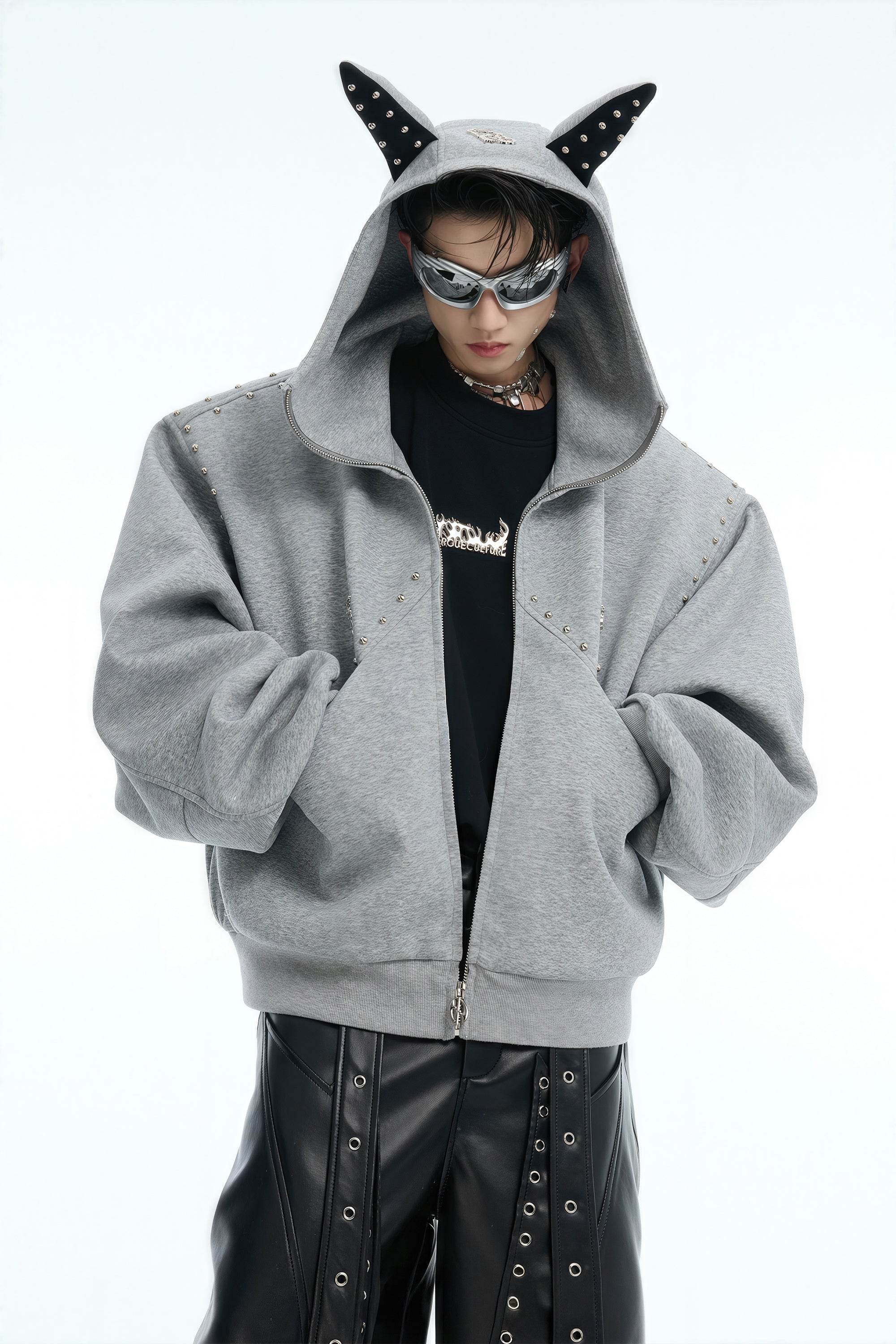 Doberman Dog Hooded Jacket with Rivet Accents - URBANPICK FASHION
