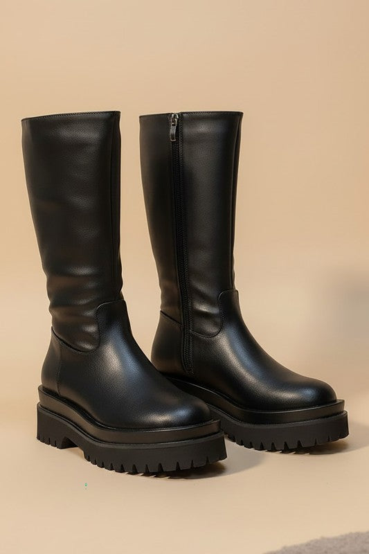 Black PU Midi Platform Boots