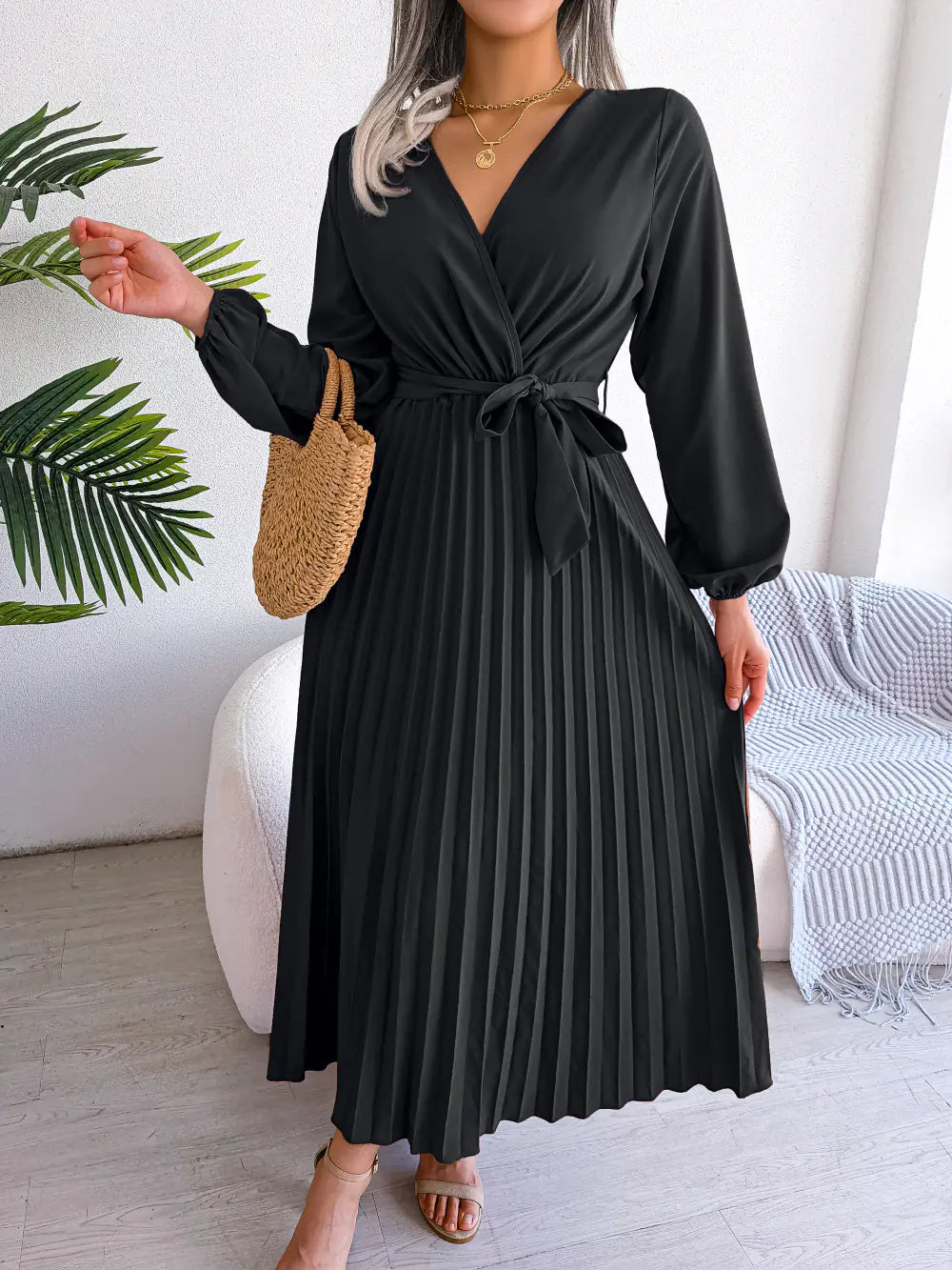 Spring/Summer Cross V-Neck Pleated Maxi Dress - URBANPICK FASHION